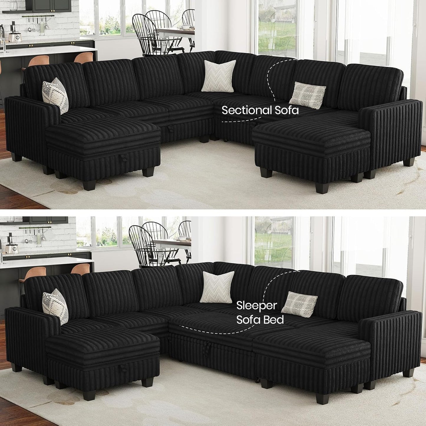 Belffin Oversized Sofa Bed Modular Sectional Sleeper Sofa with Pull Out Bed L Shaped Couch with Storage Chaise Black Couch