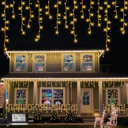 QITONG Warm White Icicle Lights for Outside, 33ft 400 LED Christmas Lights Indoor with 8 Modes, Clear Wire Connectable String Lights Plug in