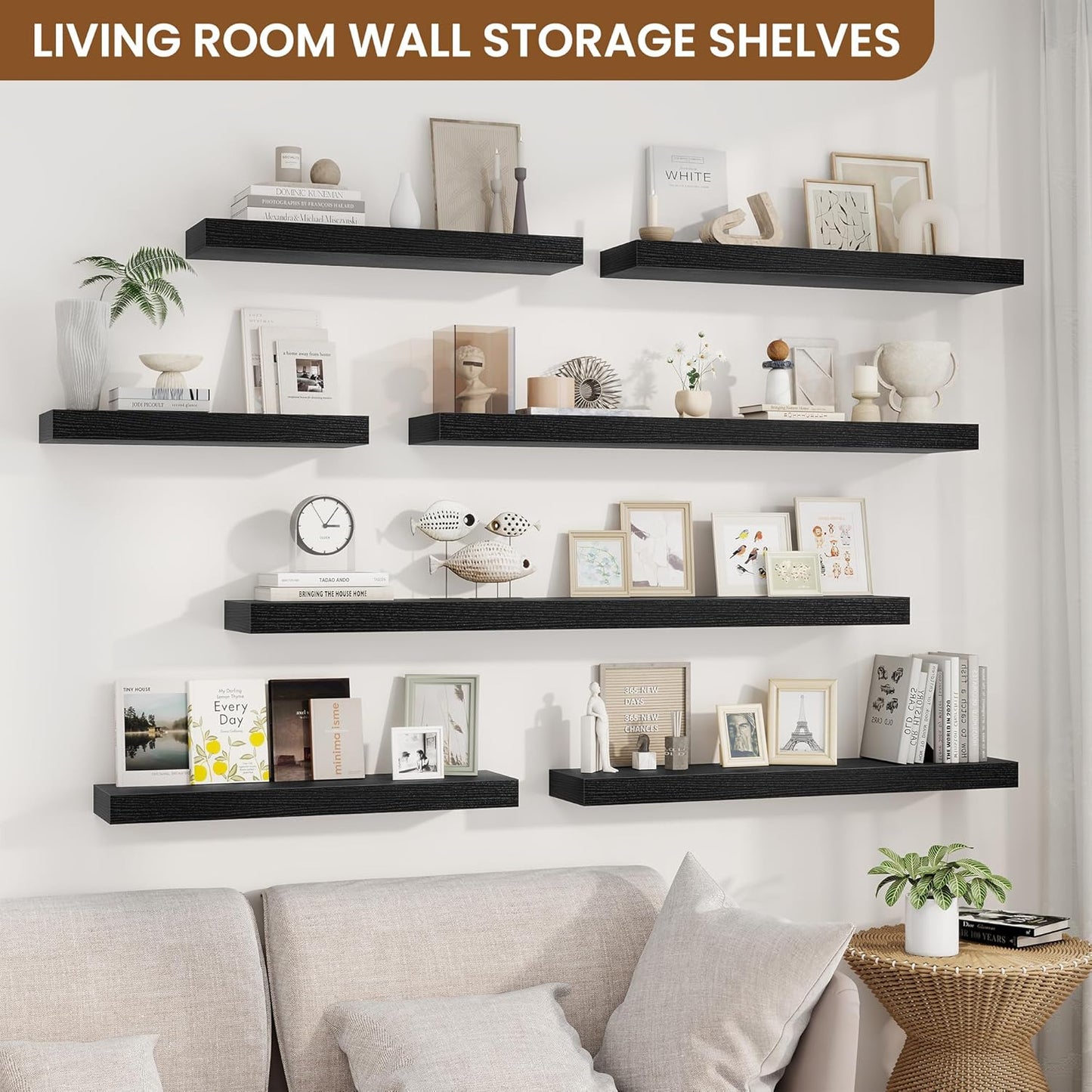 fuqing Floating Shelves for Wall, Bathroom Shelf Wall Mounted for Storage, Shelves with Invisible Bracket for Bedroom, Kitchen, Living Room, Farmhouse Small Book Shelf, 55 Inch Set of 2, Black