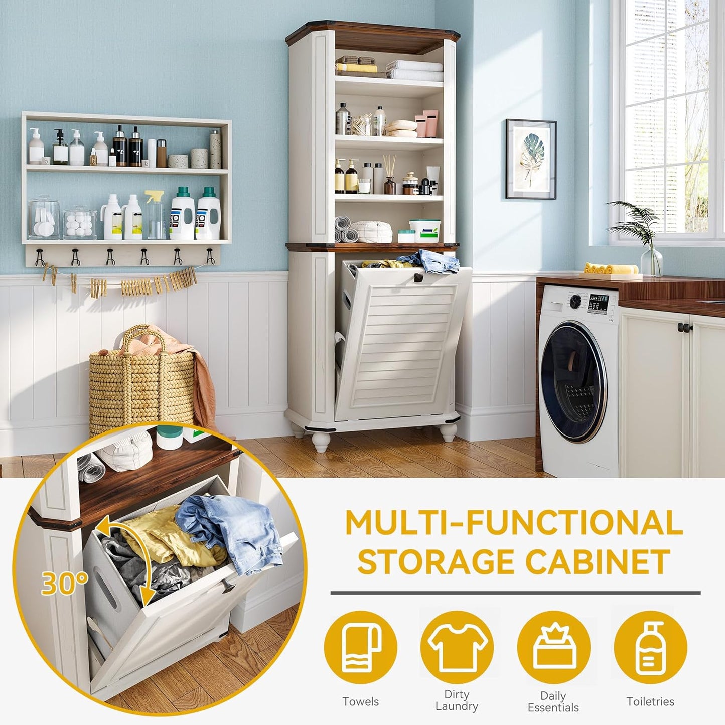 DWVO Tilt Out Laundry Hamper, Farmhouse 4-Tier Storage Cabinet with Removable Laundry Basket, Laundry Hamper Organizer with 2 Adjustable Shelves for Laundry Room, Bathroom, White