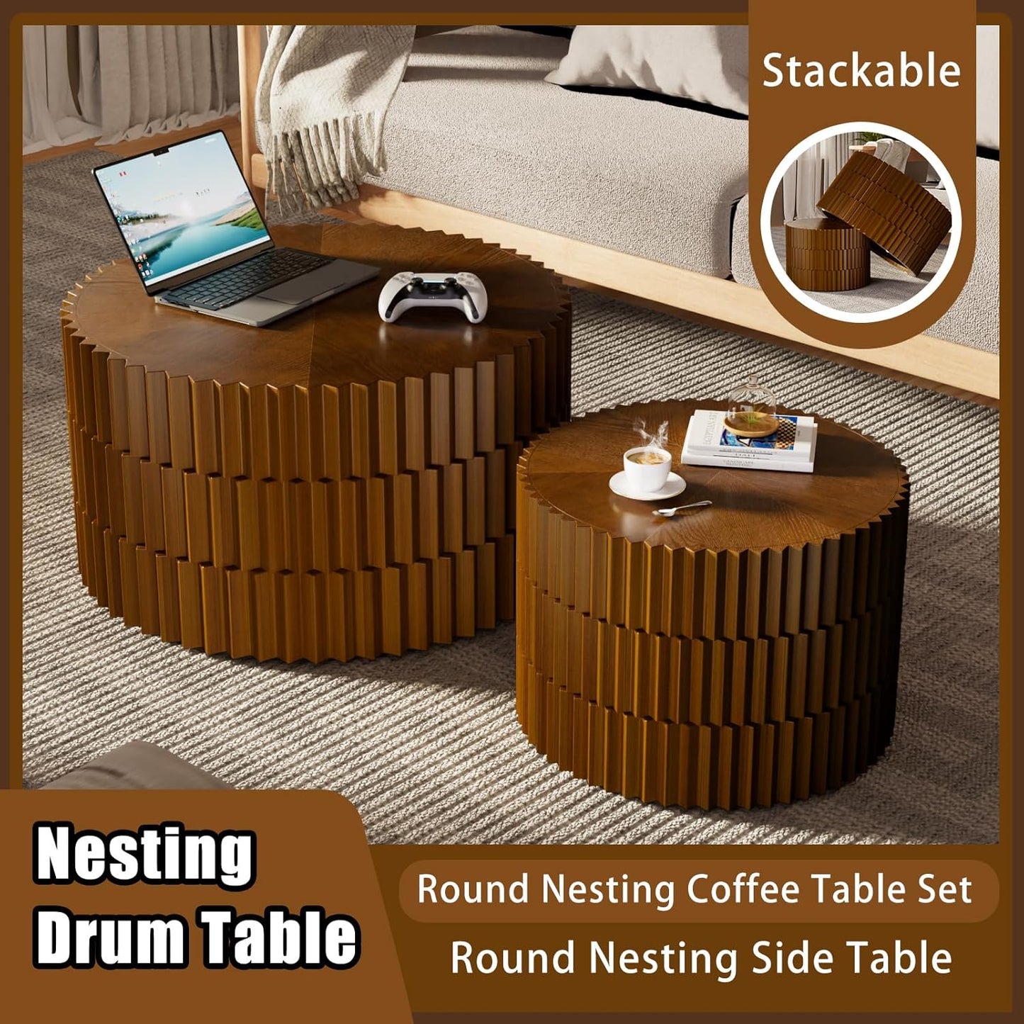 Round Coffee Table Set of 2, Nesting Coffee Table and End Table Set Small Circle Drum Side Table for Living Room Office, No Assembly (A Walnut)