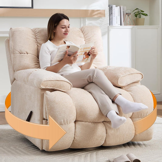 Oversized Recliner Chair Manual Swivel Rocker Recliner for Living Room Chenille Overstuffed Nursery Reclining Sofa Chair Rocking Recliners for Adults 400lbs (Manual, Beige)
