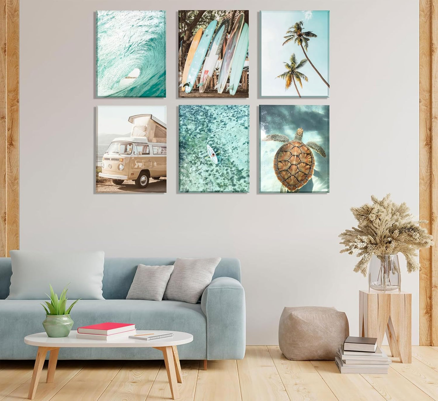 Set of 6 Tropical Beach Canvas Wall Art Surf Poster Summer Ocean Coastal Pictures Turtle Print Palm Tree Surfboard Gallery Paintings Nautical Bus Wall Decor for Bedroom Bathroom Framed