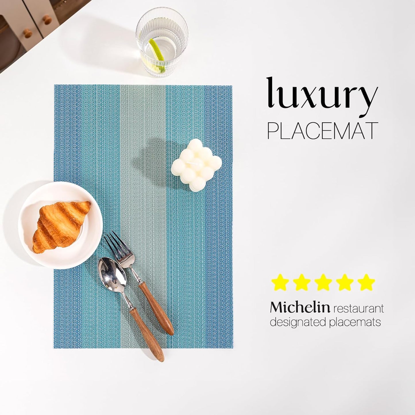 LEXMORE Placemats Set of 8 Vinyl/Plastic Woven Place Mats for Kitchen Table Indoor/Outdoor Washable Placemat Wipeable Dining Table Mats(Ocean Geode)