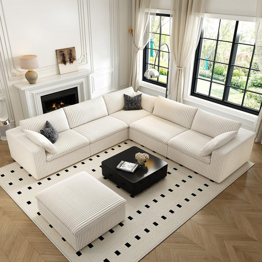 118" Cloud Couch Oversized Modular Sectional Sofa for Living Room,Modern Sofa with Deep Seat，6 Seater Boneless Couch,Comfy Upholstered Corduroy Couches for Apartment, Studio, Office,Bedroom，White