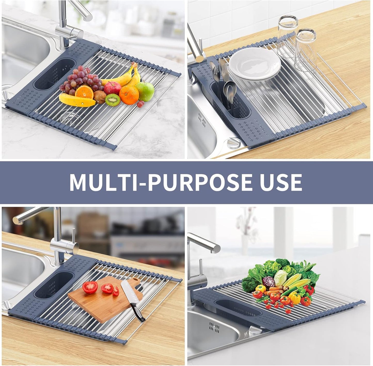 LEMIKKLE Roll Up Dish Drying Rack 17.5" x 15.2" Over The Sink Dish Drying Rack, Multi-Purpose Kitchen Rolling Dish Drainer Foldable SUS 304 Stainless Steel Dish Drying Rack