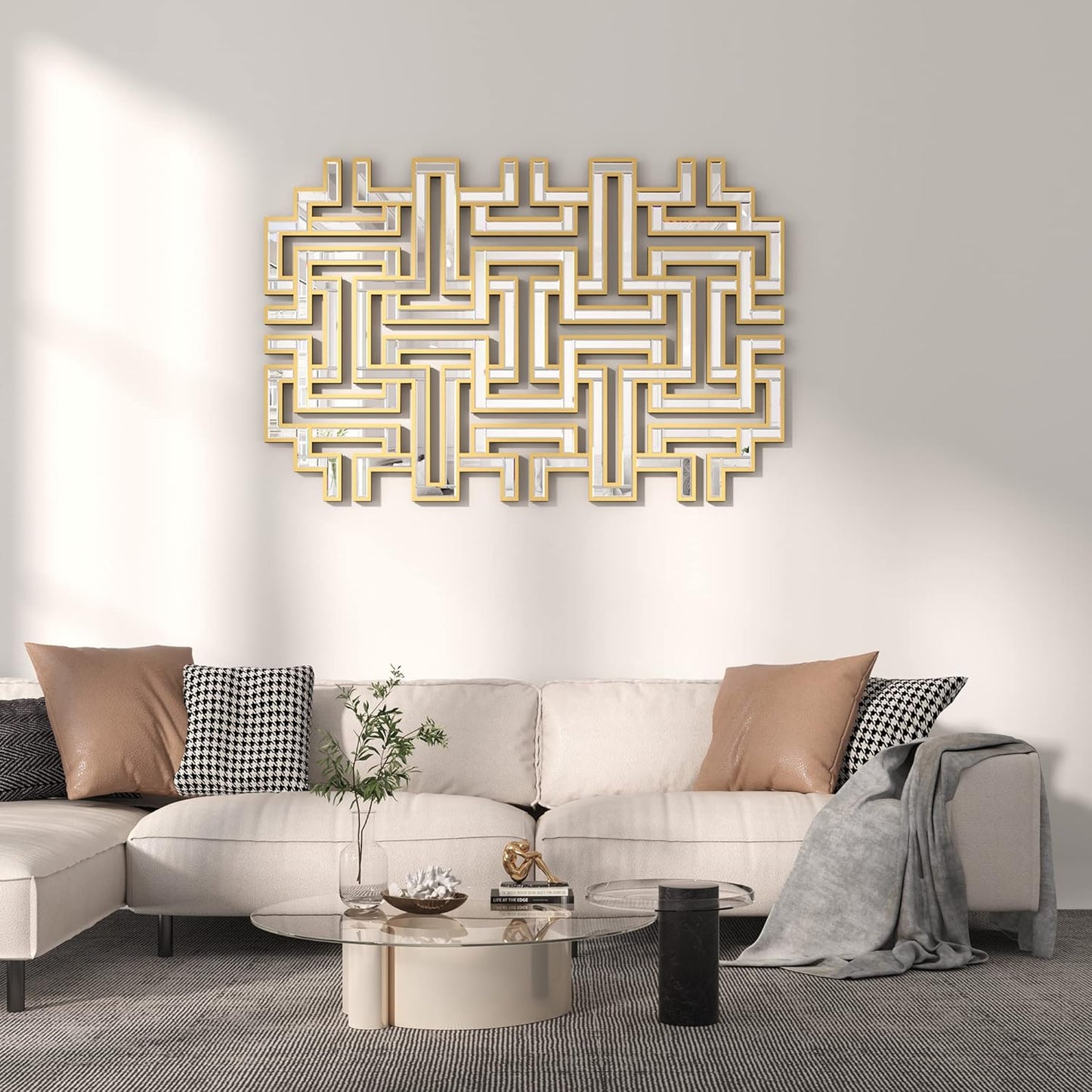 KOHROS Large Modern Gold Wall Mirror - 46.5"x30" Geometric Maze Design Decorative Mirror for Home Decor Living Room Entryway Hallway Farmhouse, Mirrors for Wall Decor
