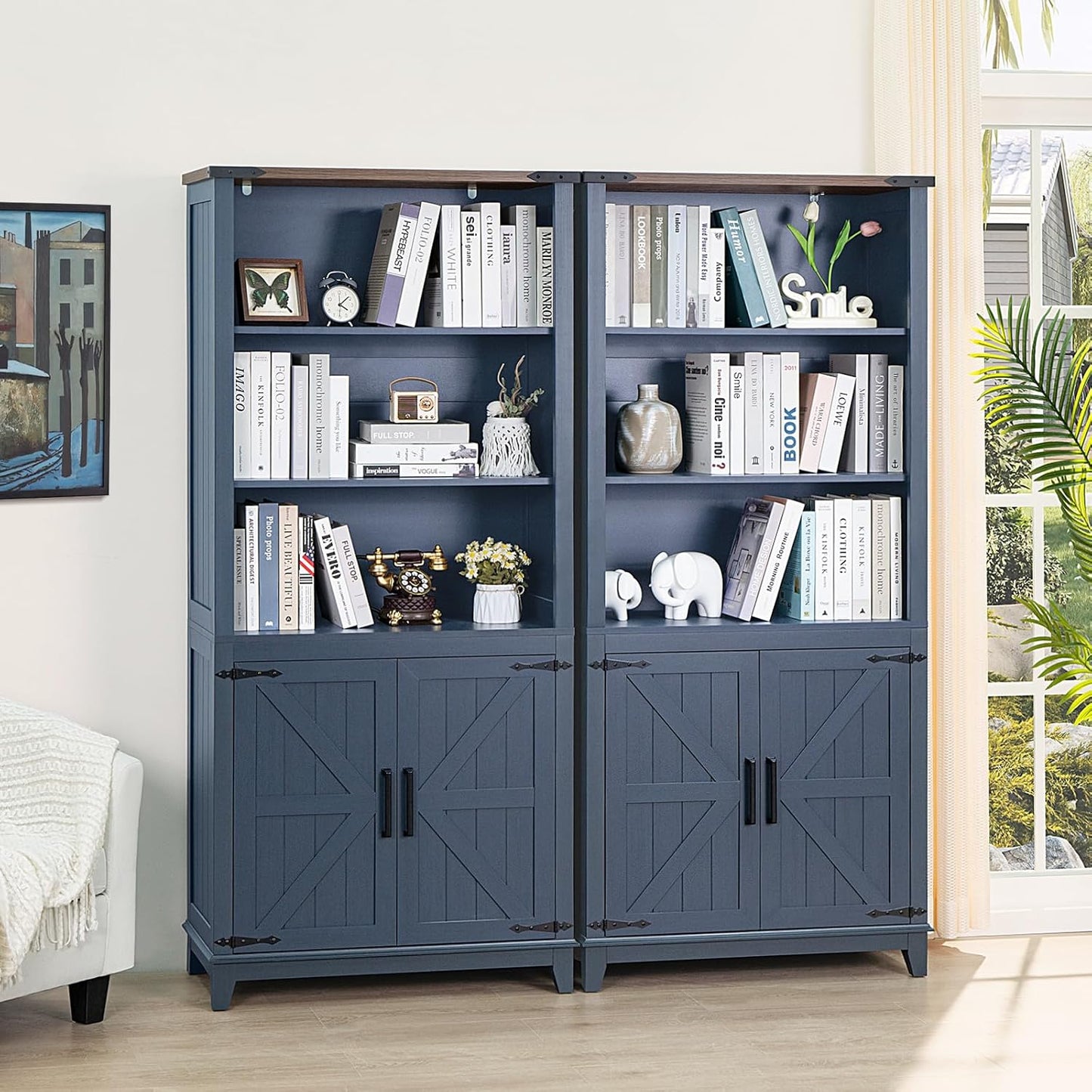 70in Tall Bookshelf 5 Tier Bookcase with Barn Doors and Adjustable Shelves, Blue Farmhouse Book Shelf with Storage Cabinet, Wood Freestanding Display Bookshelves for Bedroom, Kitchen (2PCS)