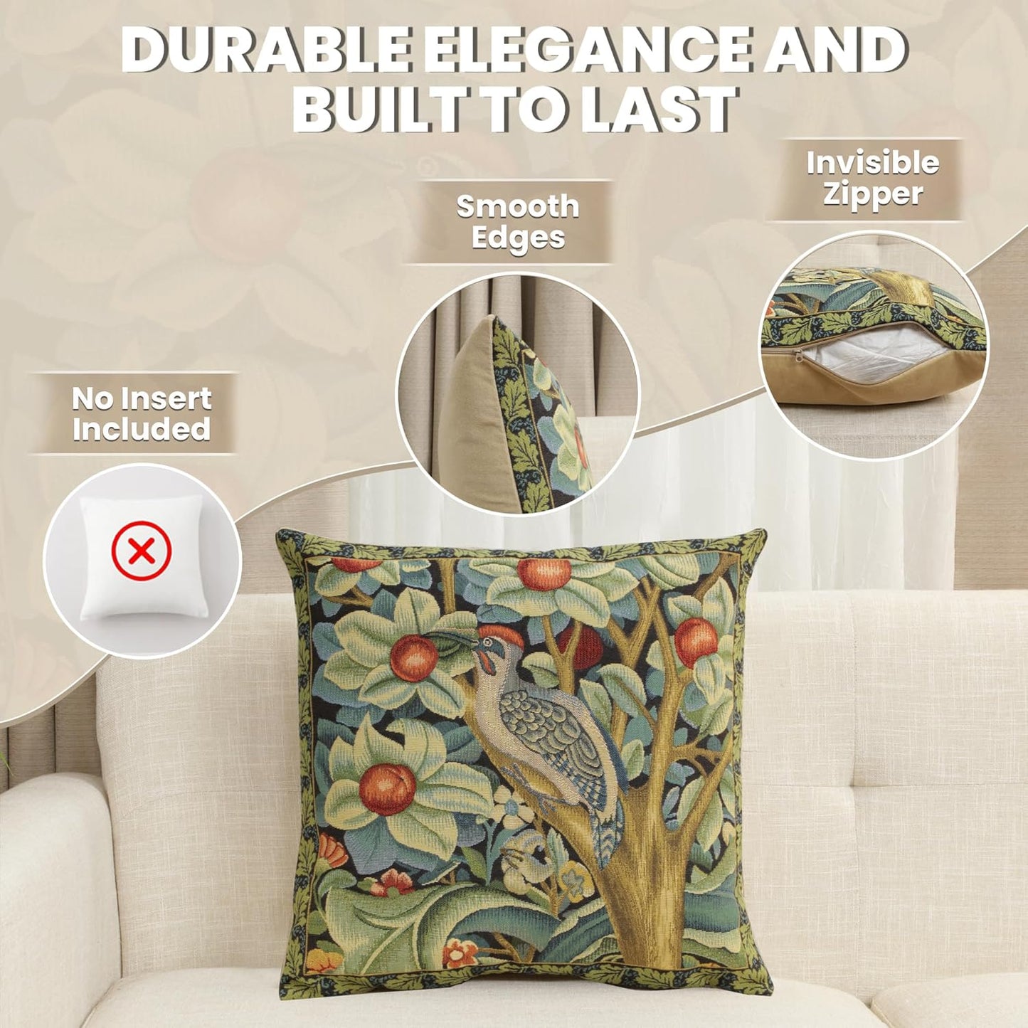 Charlotte Home Furnishings Throw Pillow Covers, Decorative Boho Pillow Covers for Couch, Living Room, Black Woodpecker Square Cushion Cases 18x18 in, European Cotton Jacquard Woven, Cozy Bedroom Decor