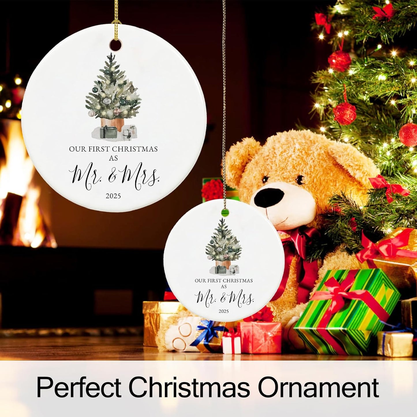 Our First Christmas Married Ornament 2025, Just Married Gifts for Couple, Mr and Mrs, Ceramic Keepsake with Ribbon and Gift Box