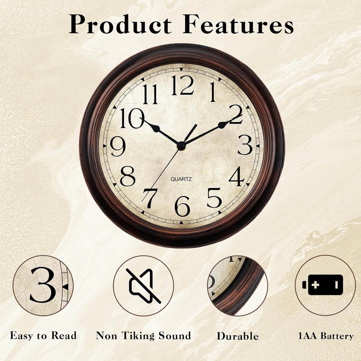 Wall Clock Battery Operated Vintage Silent Non-Ticking Analog Wall Clocks 8.5 Inch Small Retro Clock Decorative for Kitchen Bathroom Bedroom Home Office (Bronze)