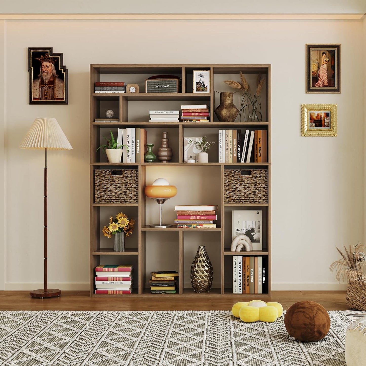 71” Tall Wooden Bookcase 6-Tier Large Bookshelves with 2 Woven Baskets, 55" Wide Floor Standing Wood Display Organizer Shelves for Living Room（Brown）