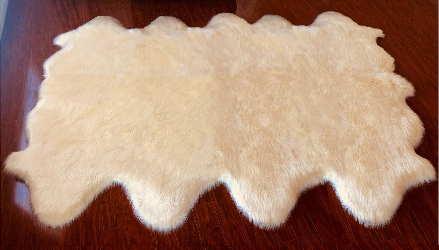 LAMBZY Faux Sheepskin Hypoallergenic Free Shape Silky Shag Rug, Luxury Shaggy Silky Plush Carpet for Bedrooms Rugs Living Rooms Sofa Floor Rugs (Octo 8 Pelts 6'x8', 180x240cm, Cream)