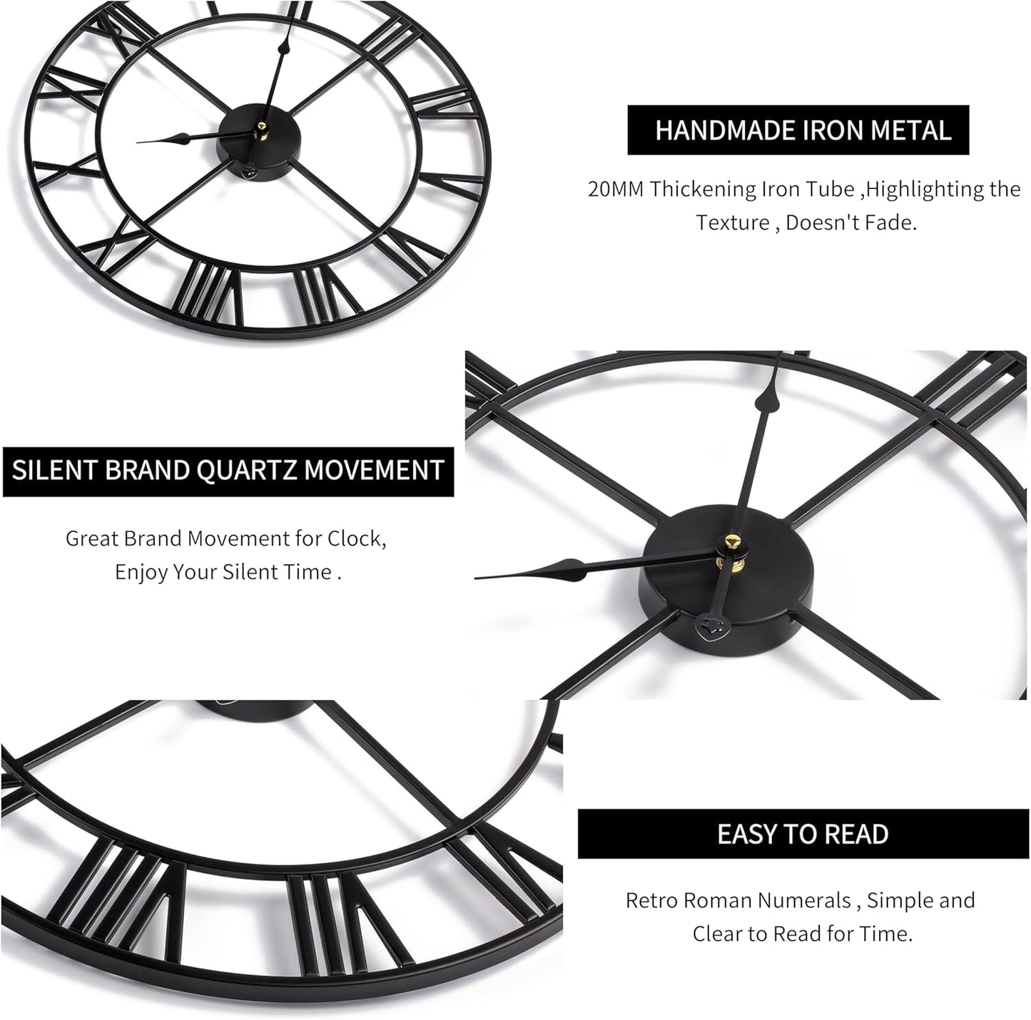 Large Modern Metal Wall Clocks Rustic Round Nearly Silent Little Ticking Battery Operated Roman Numerals Clock for Living Room/Bedroom/Kitchen Wall Decor-(Black, 47cm)