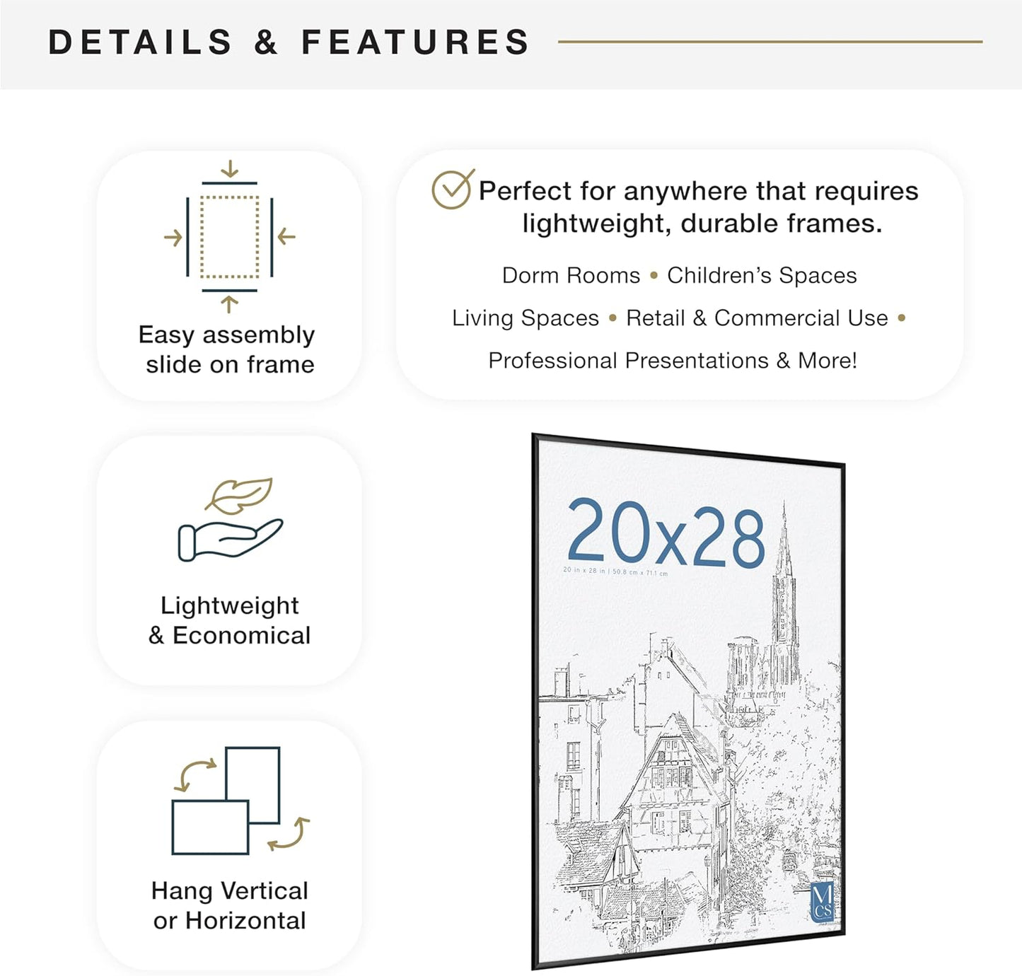 MCS Original Poster Frame 20x28 Black Lightweight Vertical & Horizontal Wall Hanging Large Picture Frame for Posters, Art Prints & Gallery Wall (1-Pack)