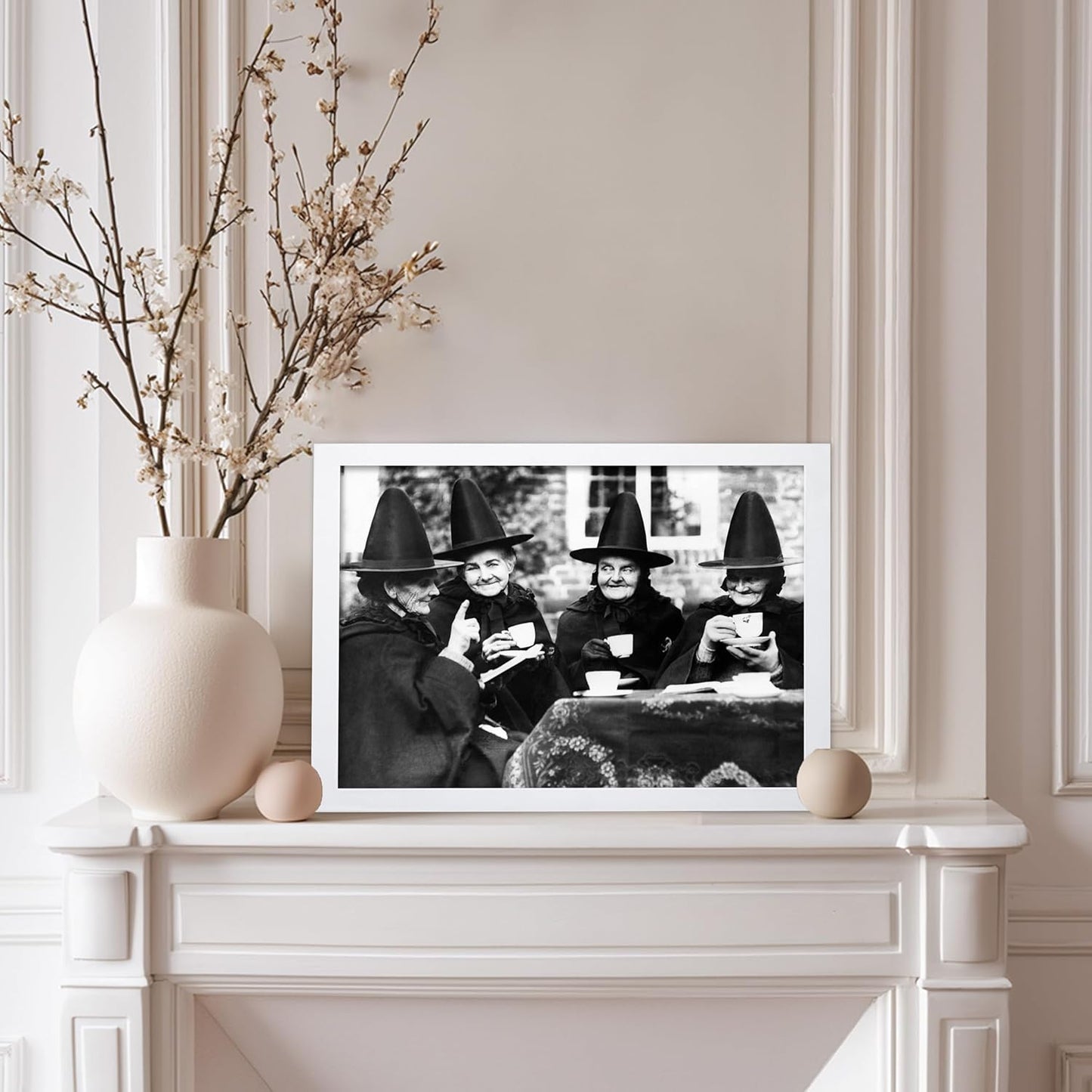 Poster Master Classic Photograph Poster - Vintage Halloween Print - Gift for Artist, Friend - Witches Tea Party, Old Women Smiling, Wearing Robes - Wall Decor for Living Room, 8x10 White Framed