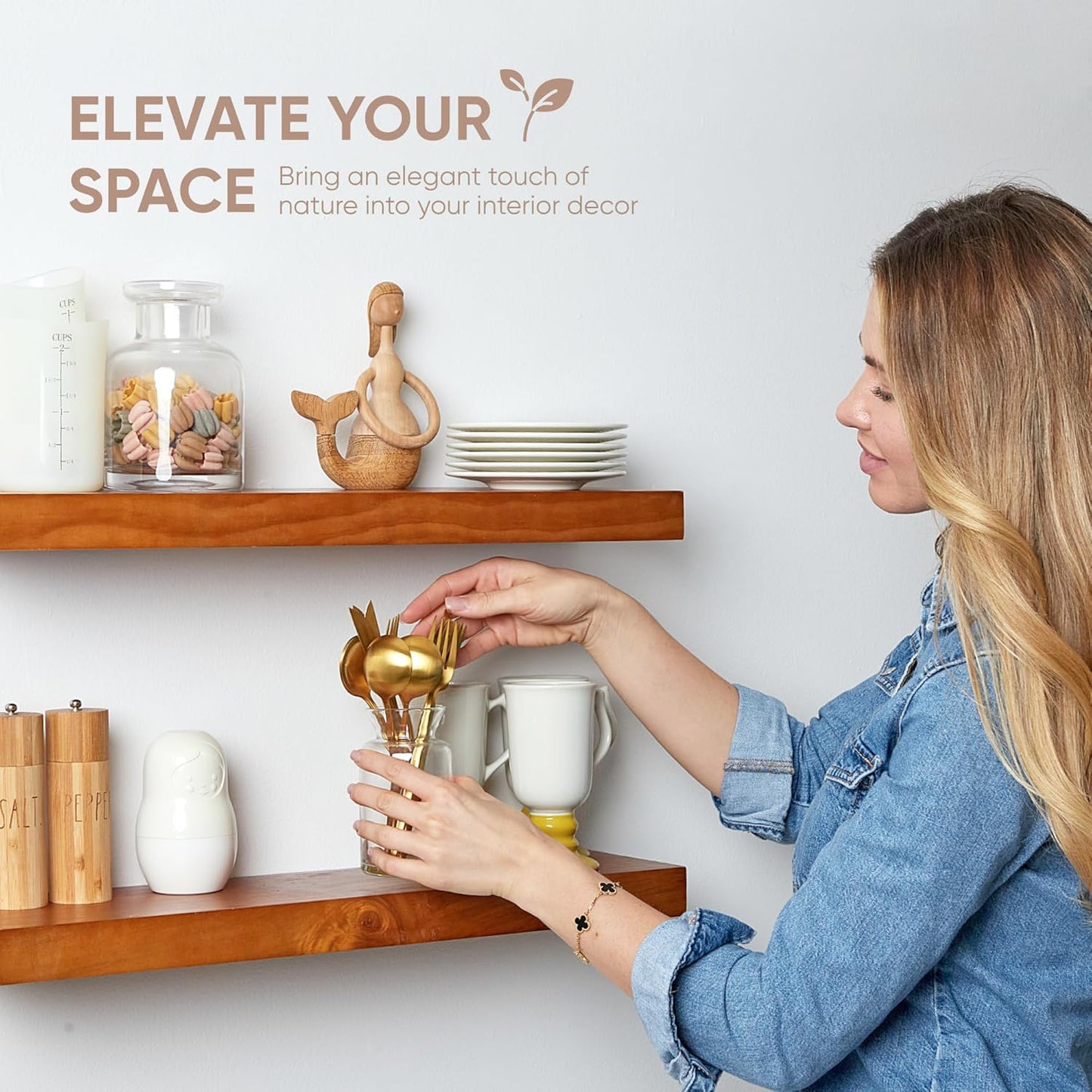 Homeforia Floating 60 inch Oak Shelves, High End Solid Real Wood 60inch Floating Shelf for Wall Mounted, Honey Oak Wooden 60in Large Floating Shelves, Heavy Duty Bracket, 60 X 6.5 X 1.75 in, Set of 2