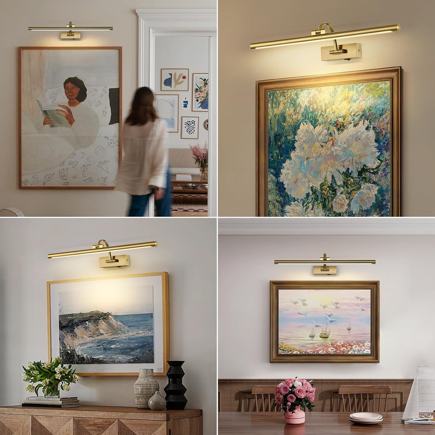 Wireless Picture Lights with Remote and Timer Rechargeable Brass Gallery Lighting Battery Operated Art Lights Over Frame Portrait 5W 24'' Inch Warm White