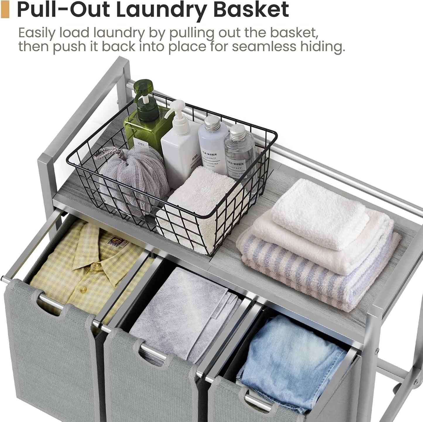 Laundry Hamper, Laundry Basket, Laundry Sorter with 3 Removable Bags, Clothes Basket with 3 Compartments, Wheels, Shelf for Laundry Room Bathroom Bedroom (3 Bags-Gray)