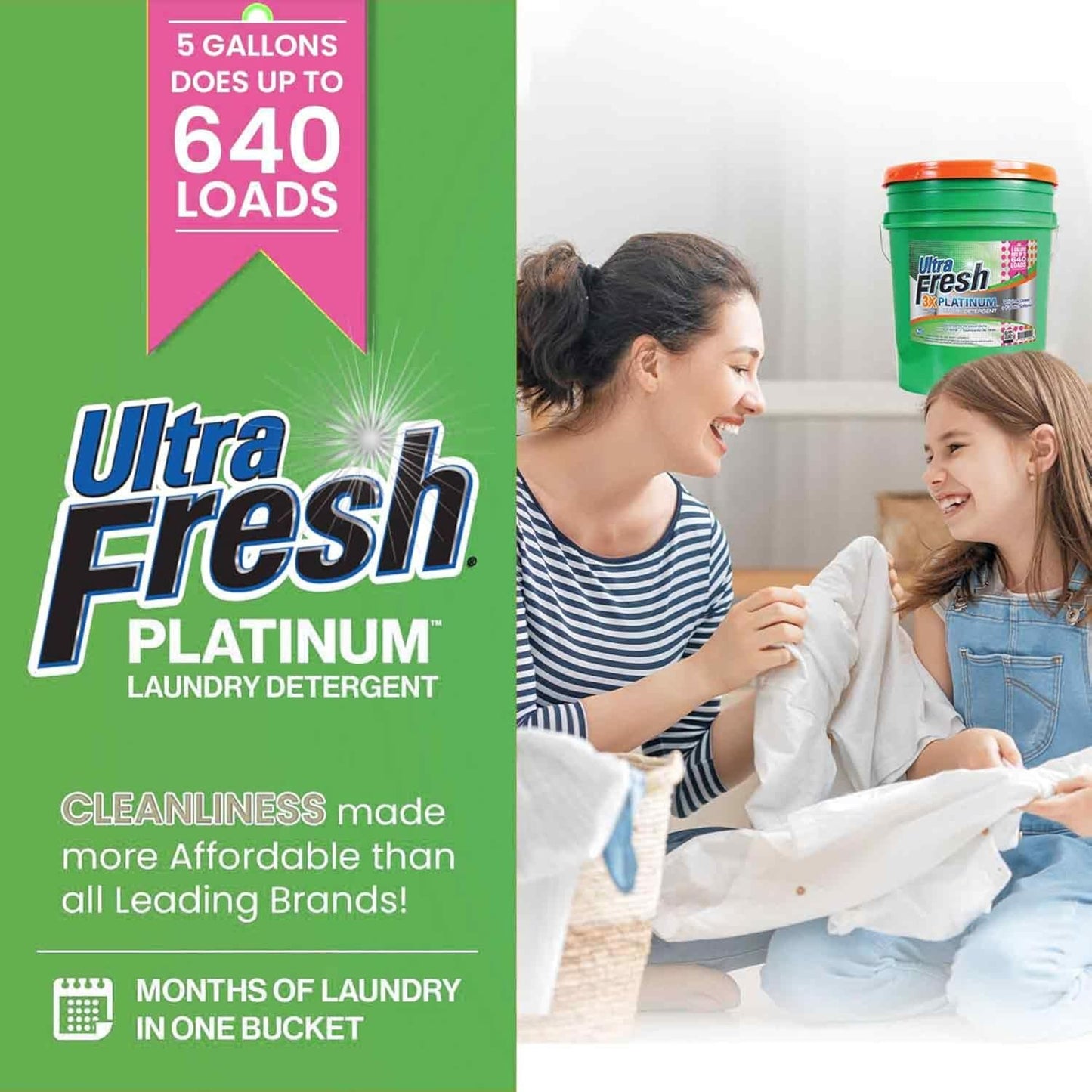 Ultra Fresh 3X Platinum Liquid Laundry Detergent with Fabric Softener, Green - Deep Cleaning Power and Fresh Scent for Washing Clothes