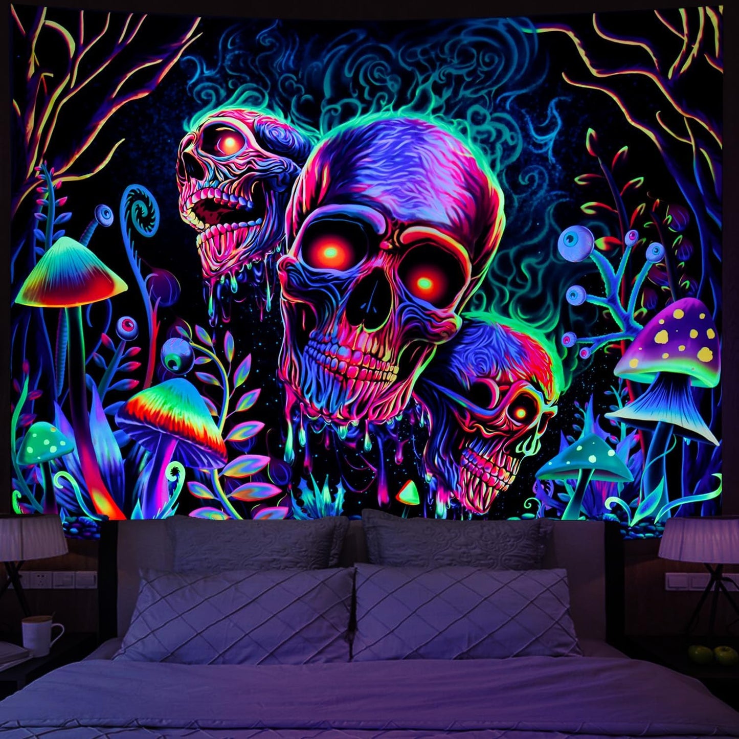 Amonercvita Blacklight Skull Tapestry Trippy Skeleton Wall Tapestries UV Reactive Neon Plants Trees Tapestries Aesthetic Galaxy Space Tapestry Wall Hanging for Bedroom Decor(W59.1×H78.7 inches)