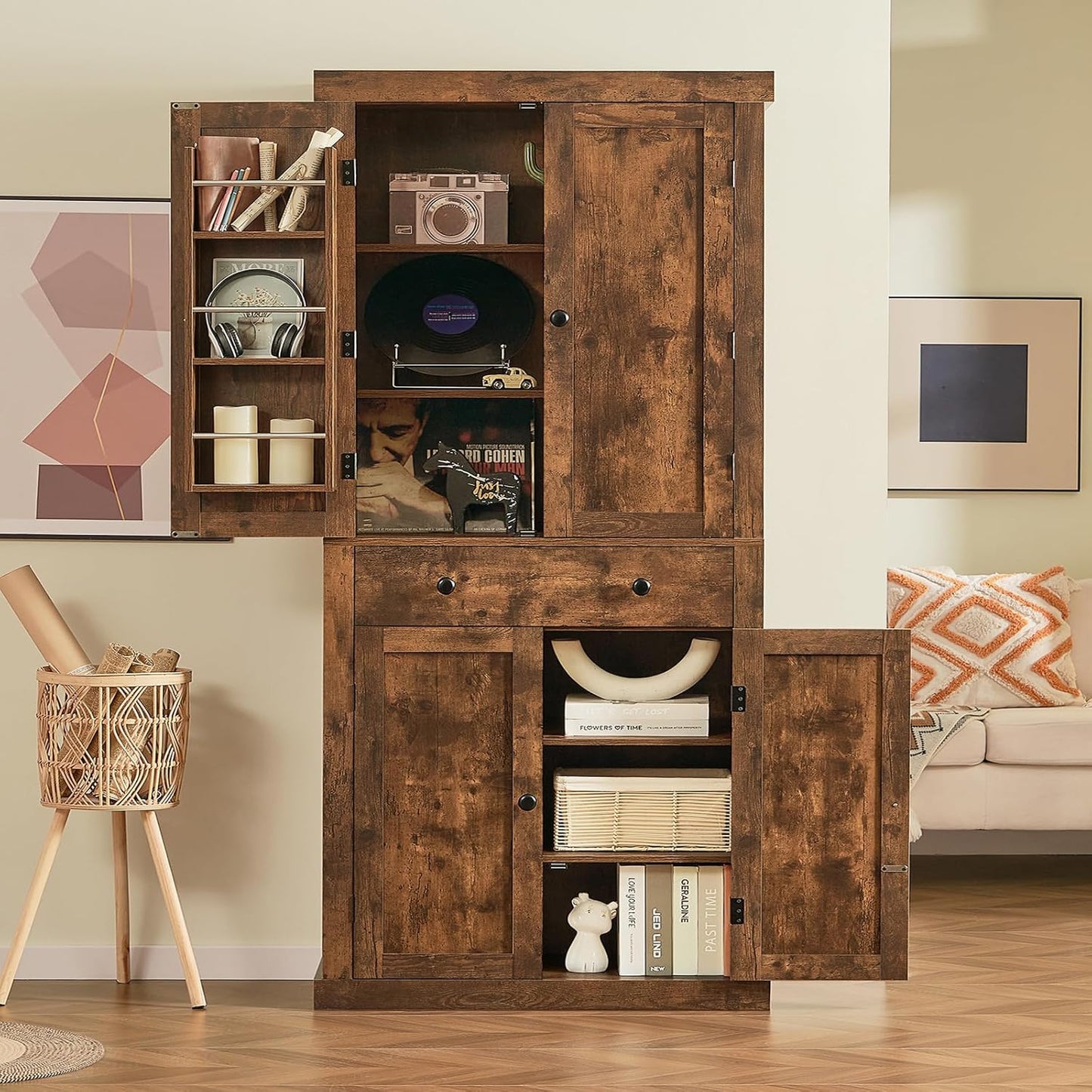 usikey 72” Kitchen Pantry Cabinet, Tall Storage Cabinet with 4 Doors and 1 Drawer, Freestanding Cupboard with 6 Hanging Shelves and Adjustable Shelves for Kitchen, Living Room, Rustic Brown