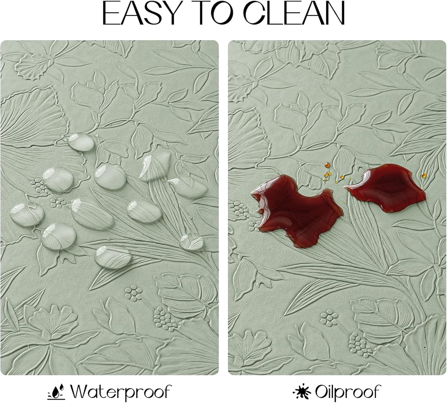 Romanstile Vinyl Placemats Set of 6-12 X 18 Inch - Heat Resistant Non-Slip Embossed Floral Place Mats 100% Waterproof Oilproof Wipeable Faux Leather Table Mats for Kitchen/Dining/Party, GrassGreen