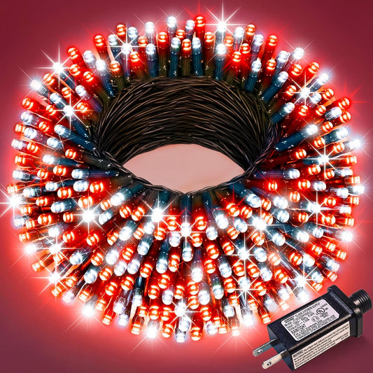 100FT 300 LED Christmas Lights Outdoor, Plug in Christmas Tree Lights with 8 Modes Waterproof, Green Wire Twinkle Tree Lights for Indoor Patio Garden Party Holiday Decorations, Red White