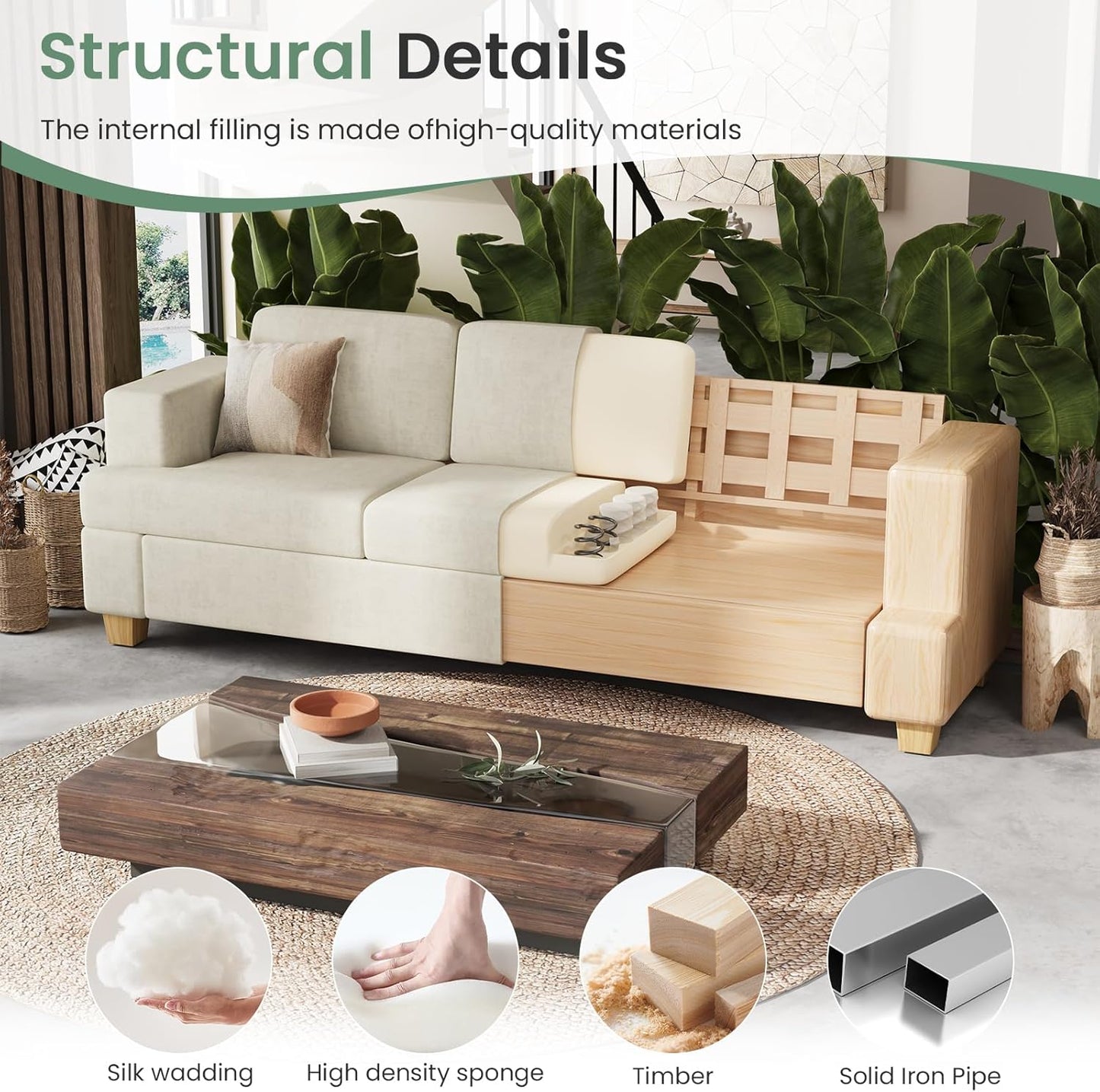 Sofa, 3 Piece Set Comfy Sofa, 2 Loveseat & 3 Seater Couch with Deep Seats for Living Room, Modern Sleeper Couch, Beige Chenille