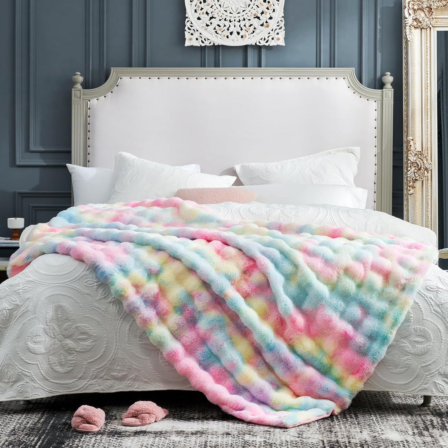 Cozy Bliss Faux Fur Throw Blanket for Couch, Fuzzy Soft Plush Thick Bubble Blanket for Sofa Bedroom Living Room, 60 * 80 Inches Tie-dye Rainbow