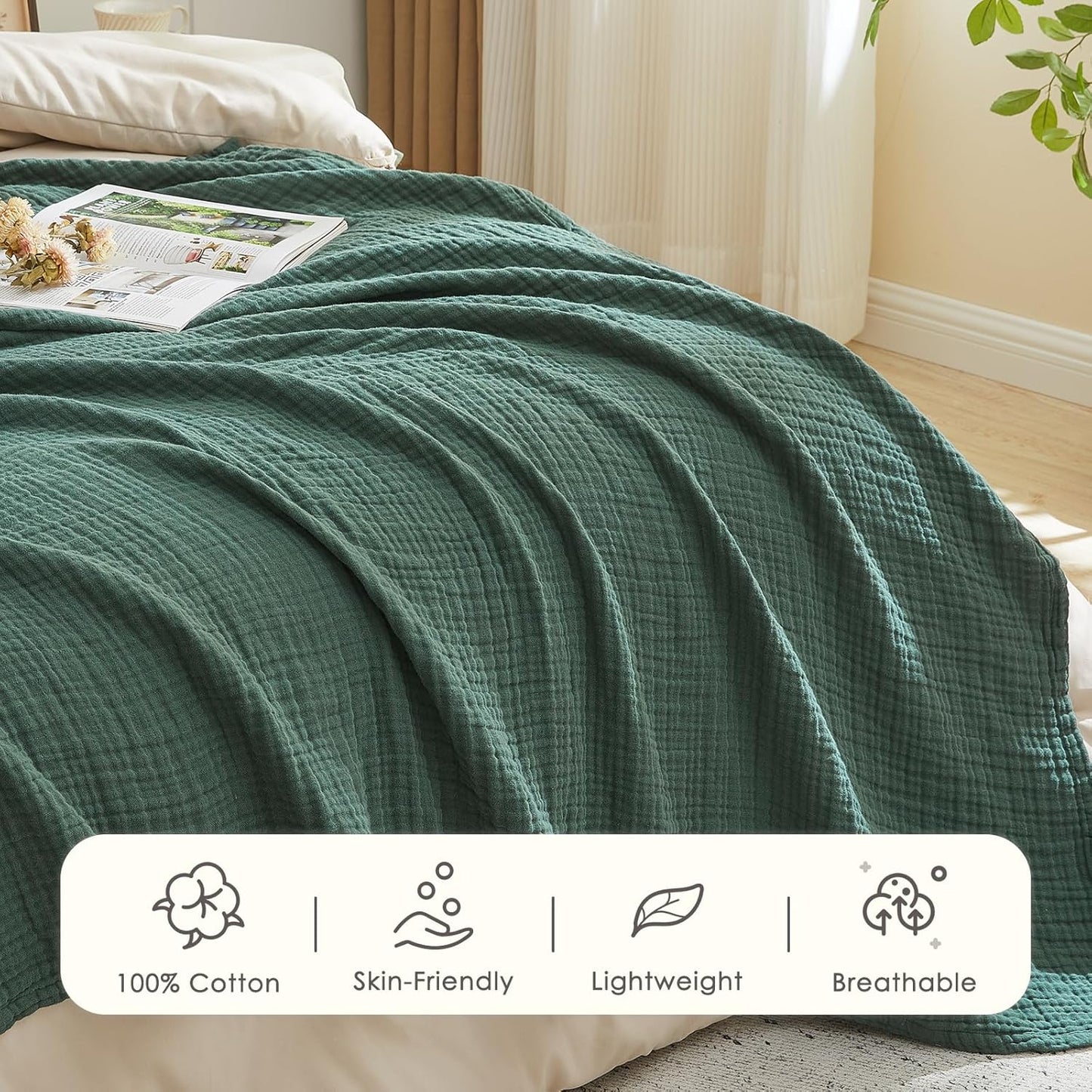 EMME Cotton Muslin Twin Blanket Breathable Gauze Blanket Soft Lightweight Blankets Adults Gifts for Women (Forest Green, 60"x80")
