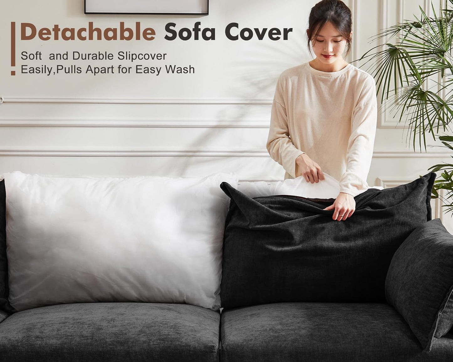 Oversized Loveseat Sofa, Modern Modular Sectional Couch Black Fluffy Chenille Mid Century 2-Seat 24.5" Deep Seat for Apartment, Living Room, Bedroom