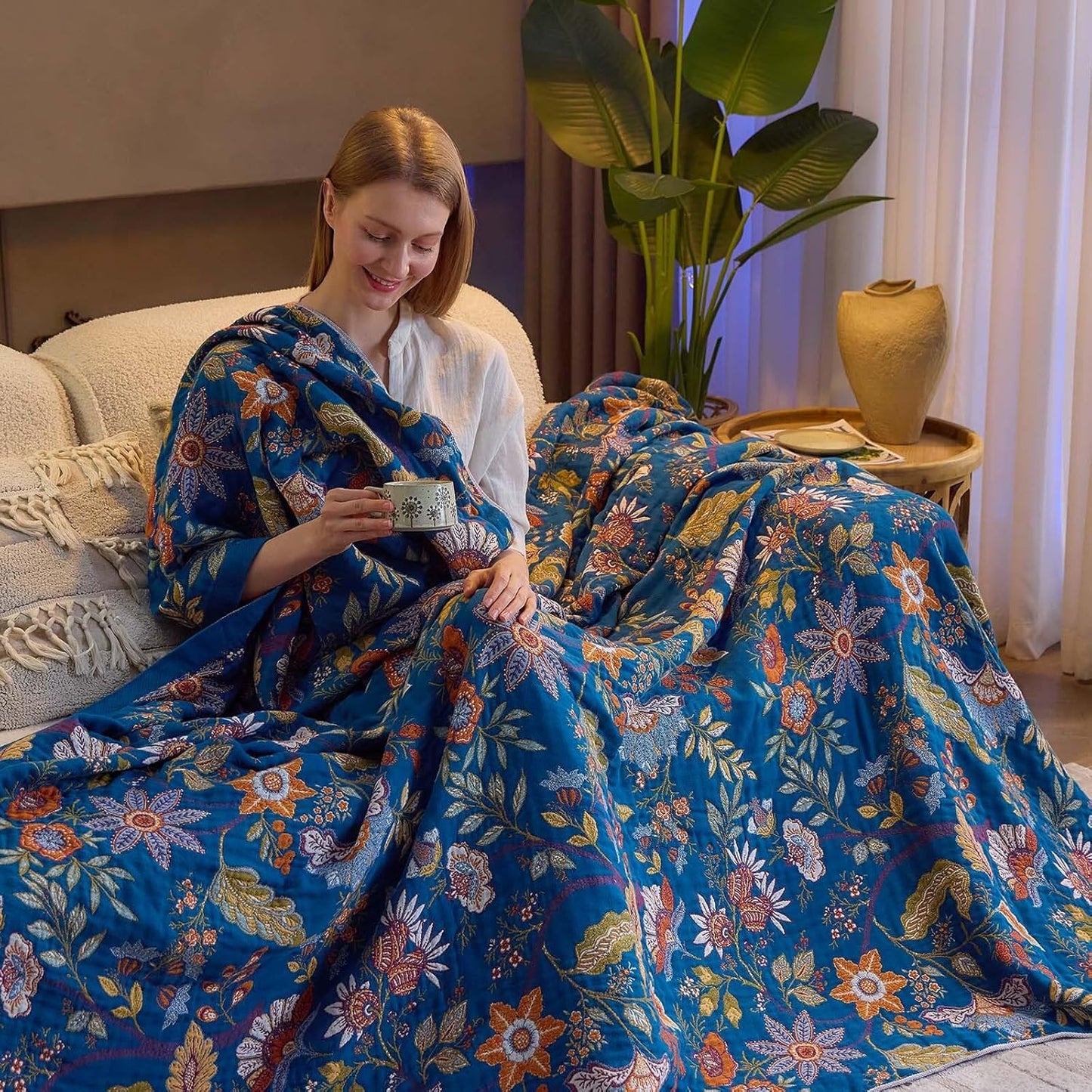 Fall Throw Blanket for Couch, Blue Boho Decorative Throw Blanket, 100% Cotton Muslin Breathable Woven Farmhouse Blankets Quilt, 90"x98" Reversible Lightweight Blankets Bohemian Throw Quilt