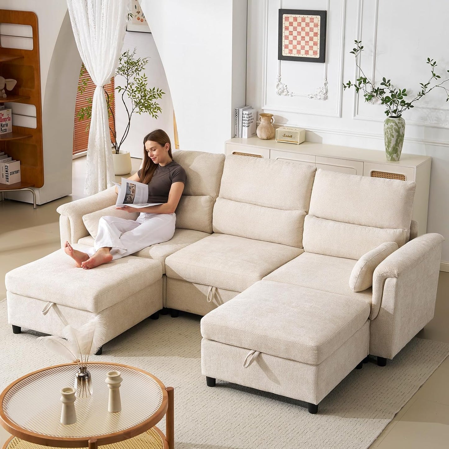 103''U Shaped Modular Sectional Sofa, Comfy Cloud Sectional Couch with Storage Ottoman, Chenille Deep Seat Modern Modular Sofa with 2 Throw Pillows for Living Room,Beige