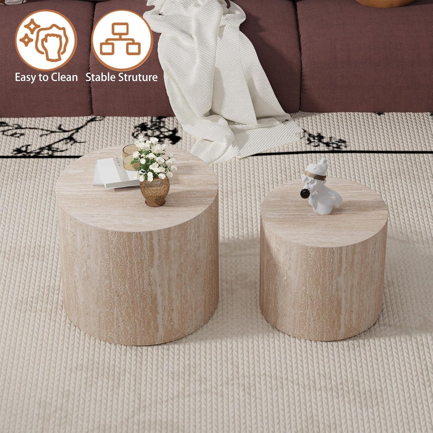 Travertine Round Nesting Coffee Tables 2 Piece Set - Contemporary Design, Round Drum Nesting Side Table Sturdy Build, Multifunctional for Living Room, Office, and Balcony Use (Travertine 18.1in)