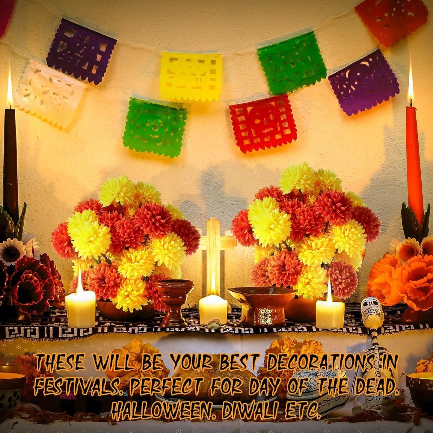 Kimura's Cabin 20Pcs Fake Silk Ball Flowers Artificial Chrysanthemum Faux Mums Bouquets Wedding Arrangements Halloween Home Table DIY Center Decoration (Orange Yellow)