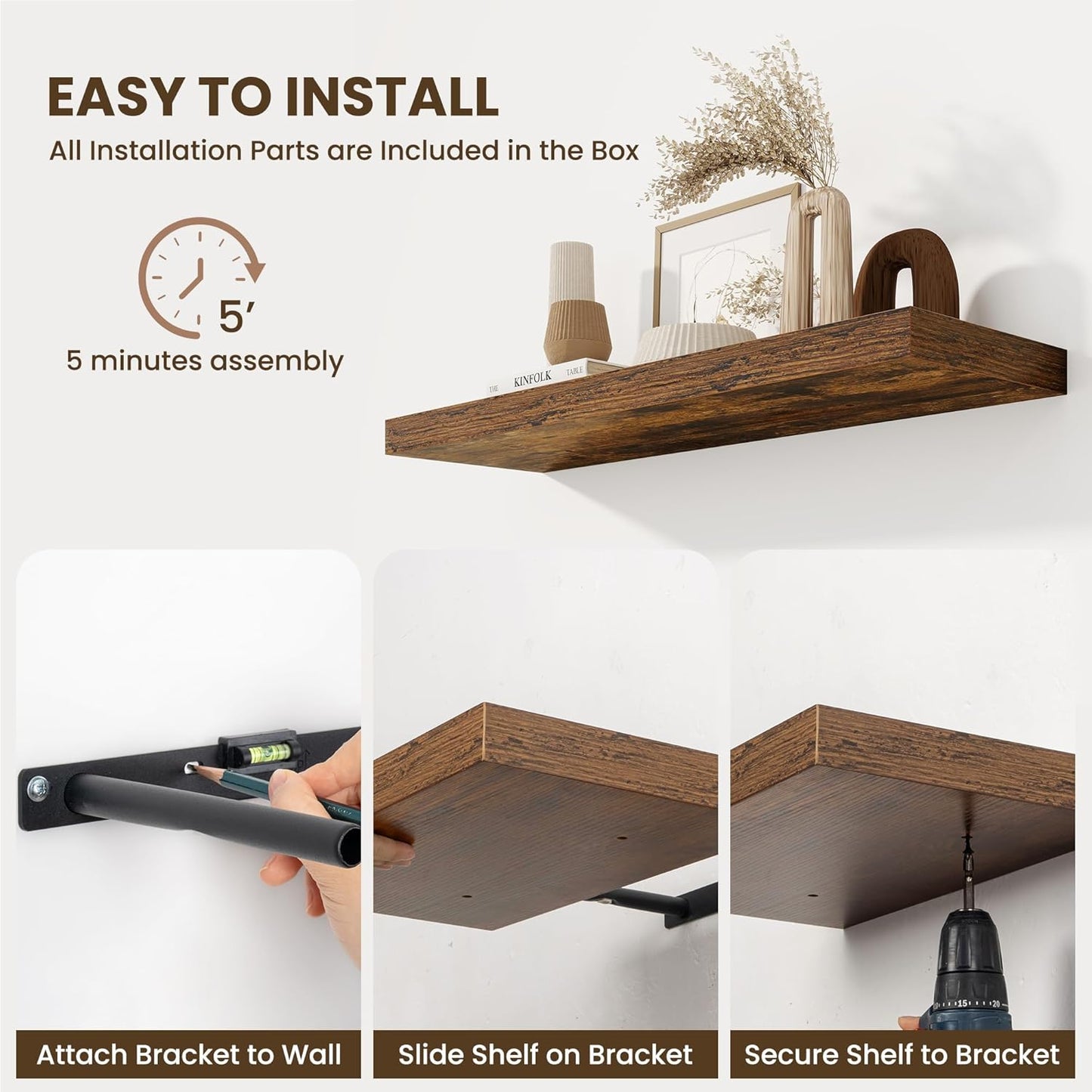 48 Inch Floating Shelves for Wall - 10 Inch Deep Fireplace Mantel Shelf - Wood Floating Shelves for Wall - Large Storage Shelves Wall Mount for Living Room & Bedroom - Rustic Brown - Set of 1