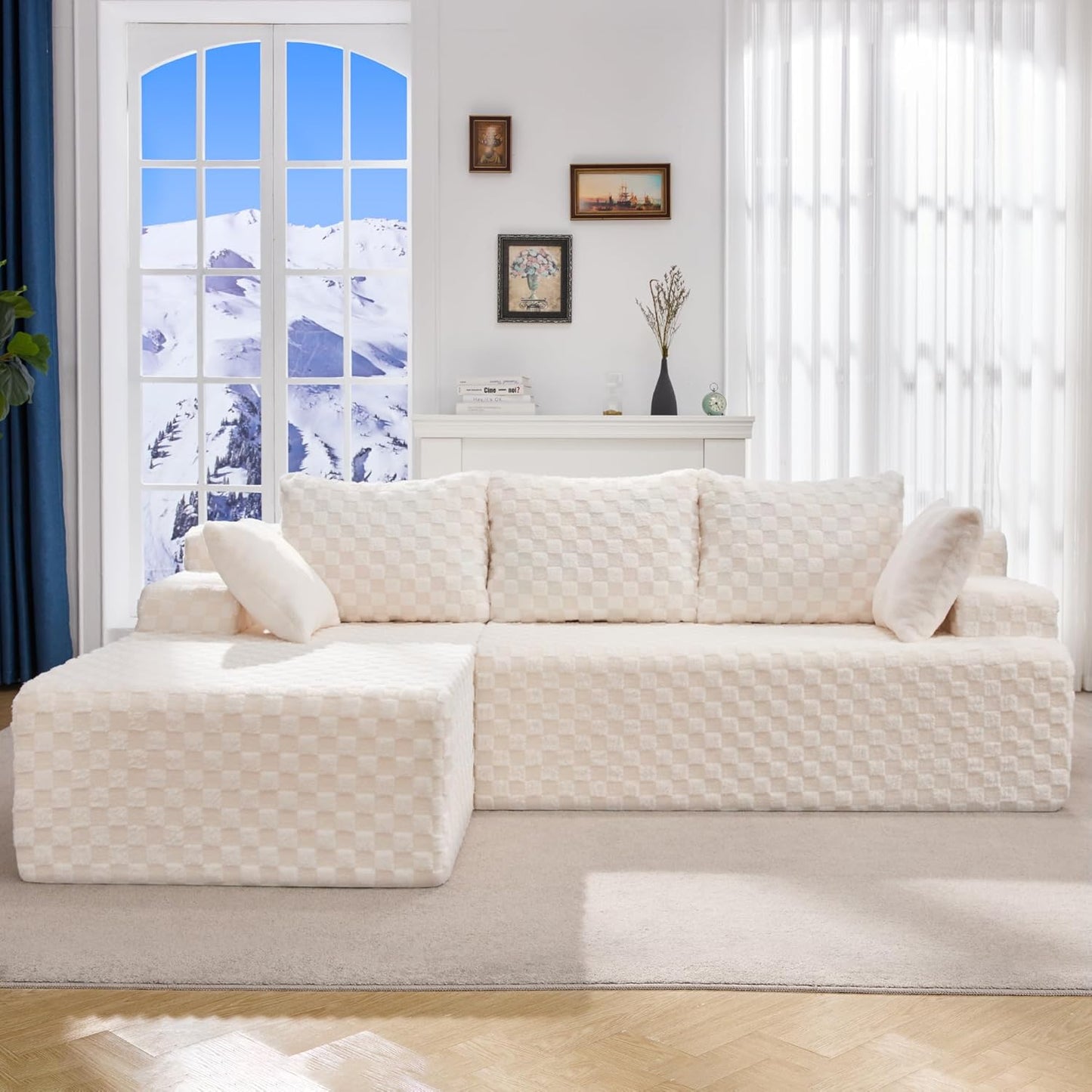 Hobestluk 96” Modular Sectional Sofa Couches L-Shape Couch 3 Seat Modular Sofa Memory Foam Sectional Couches for Living Room, Cloud Couch with Oversized Chaise (White, Checked (Left Facing Chaise))