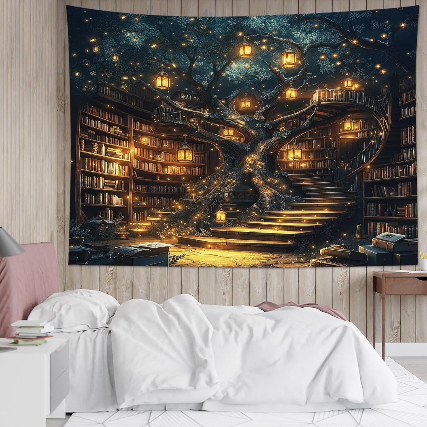 HVEST Fantasy Library Bookshelf Tapestry Wall Hanging Fairytale Tree Magic Bookshelf Tapestry Aesthetic Retro Vintage Tapestries for Bedroom Living Room Dorm, 51L x 59W Inches
