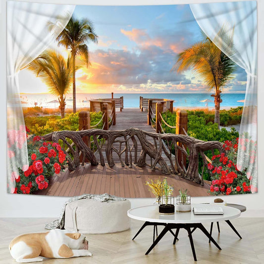 dueeia Beach Window Tapestry Wall Hanging Beachy Coastal Ocean Nature Tropical Landscape Scenic Tapestries for Bedroom Living Room Wall Decor (90.6"x70.9")