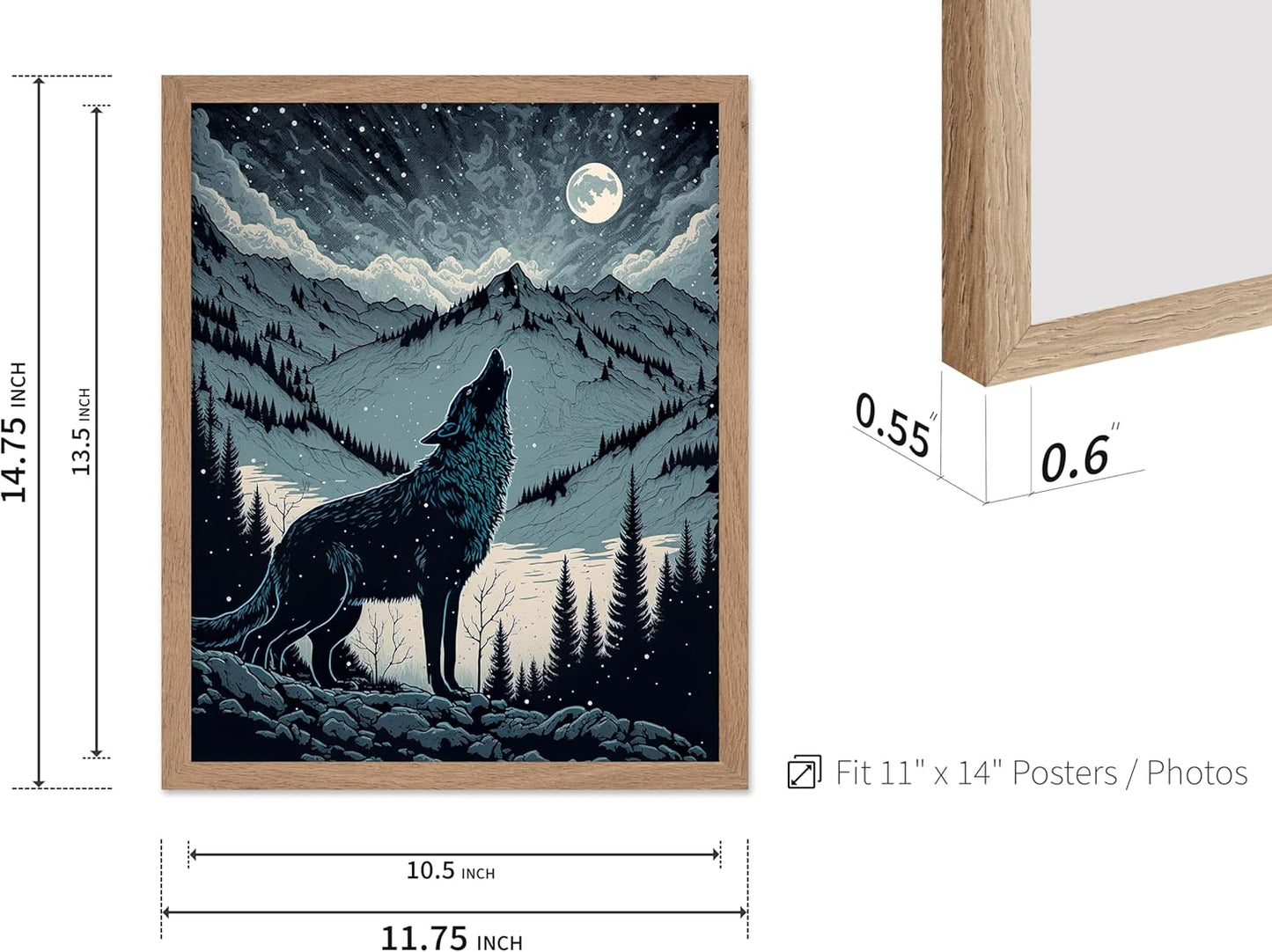 Poster Master Vintage Illustration Poster - Retro Animal Print - Gift for Artist, Friend - Wolf Howling at the Moon, Mountain, Snow, Landscape - Wall Decor for Home, Office, 11x14 Beige Framed