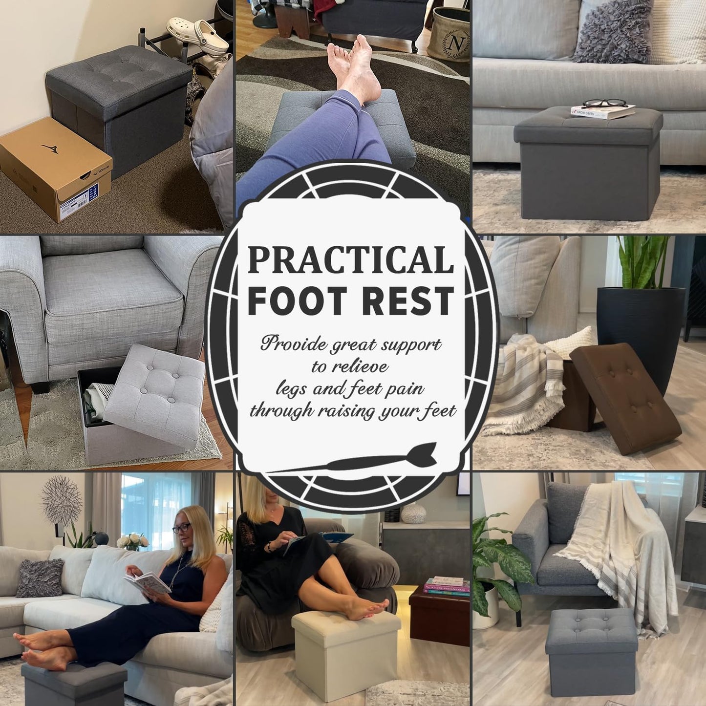 LINMAGCO Ottoman Storage Ottoman with Storage Small Foot Rest Stool Under Desk Stool Short Folding Footrest Linen Cloth Dark Gray 16X12X12IN