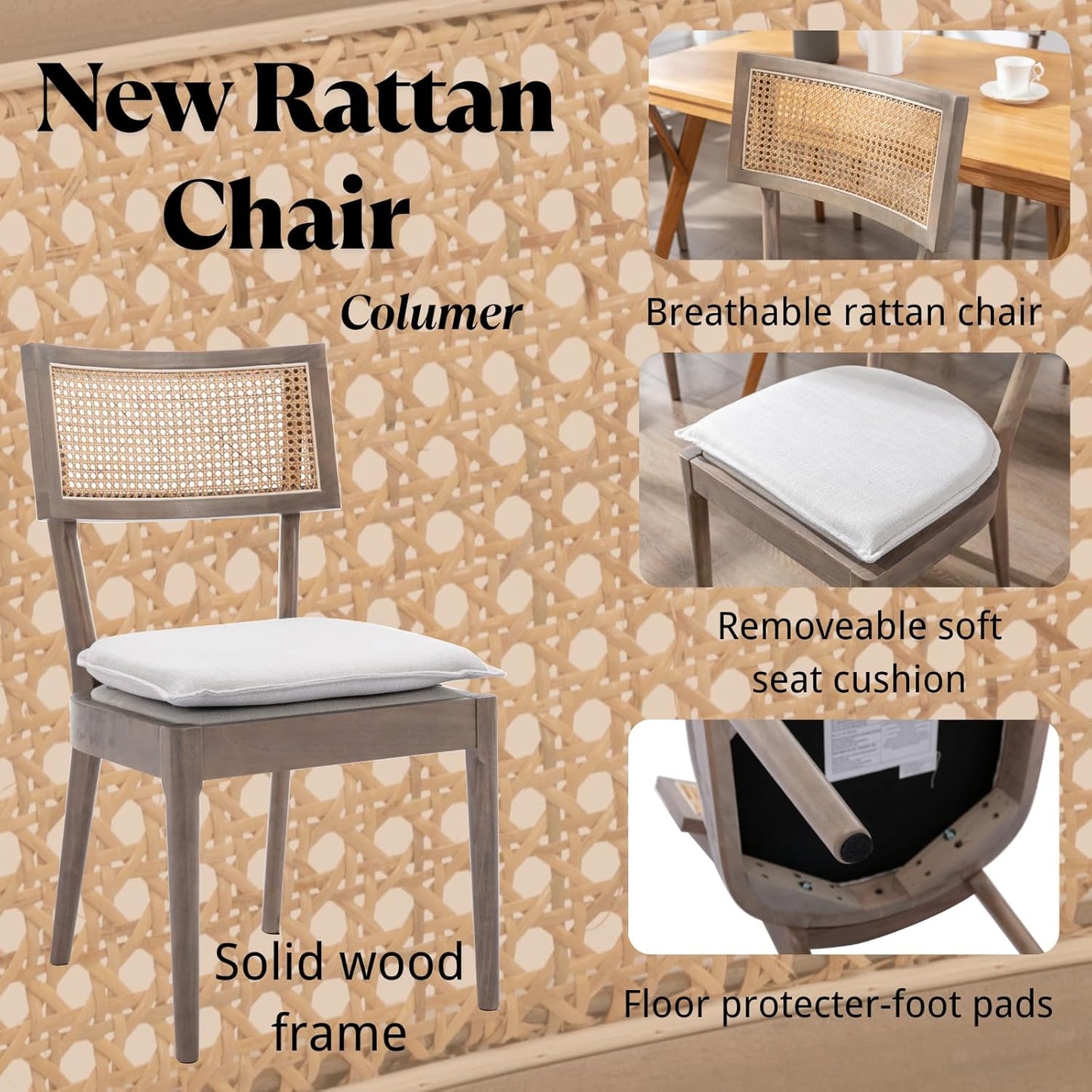 Rattan Dining Chairs Set Of 4 , Mid Century Modern Upholstered Cane Back Chairs with Removable Linen Cushion , Retro Farmhouse Natural Wooden Kitchen & Dining Room Chairs for Restaurant Living Room