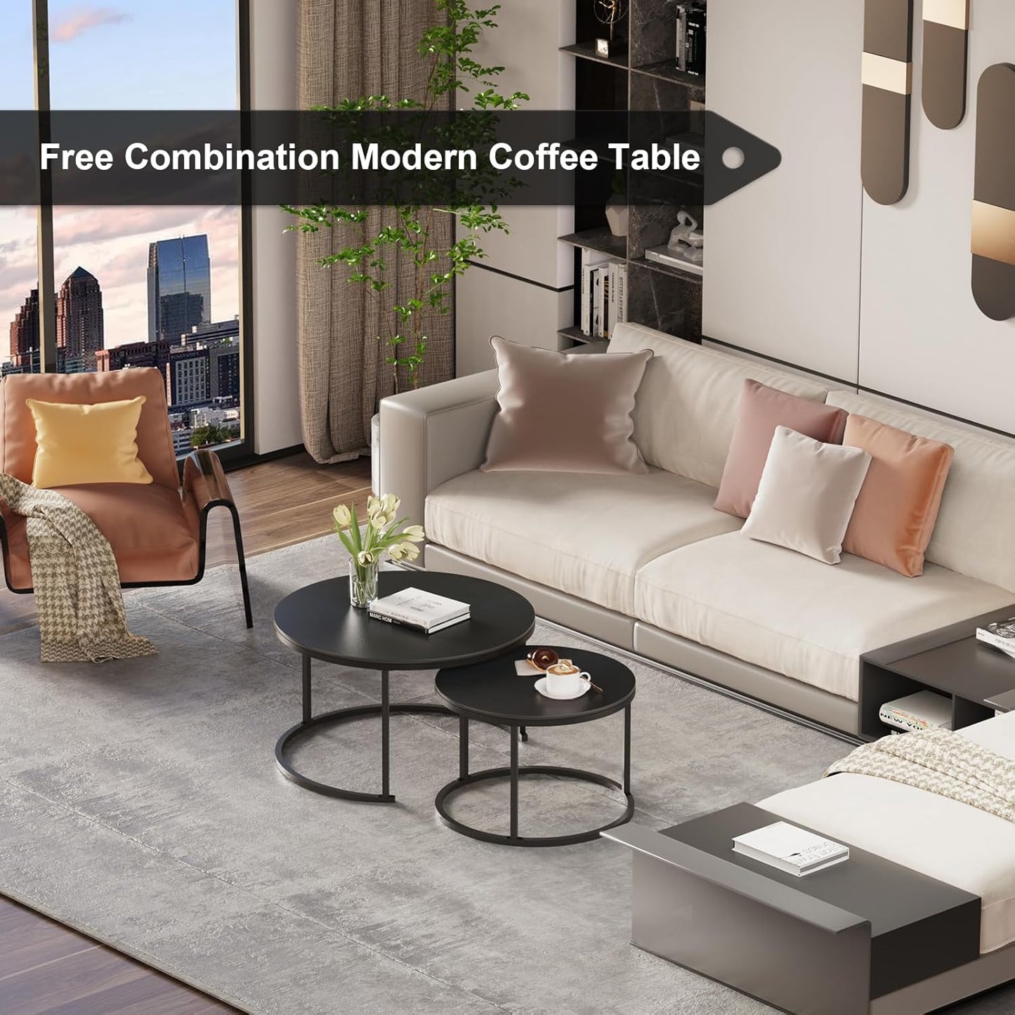 Round Nesting Black Coffee Table (Set of 2), Sintered Stone Top & Sturdy Metal Base for Living Rooms and Tight Spaces