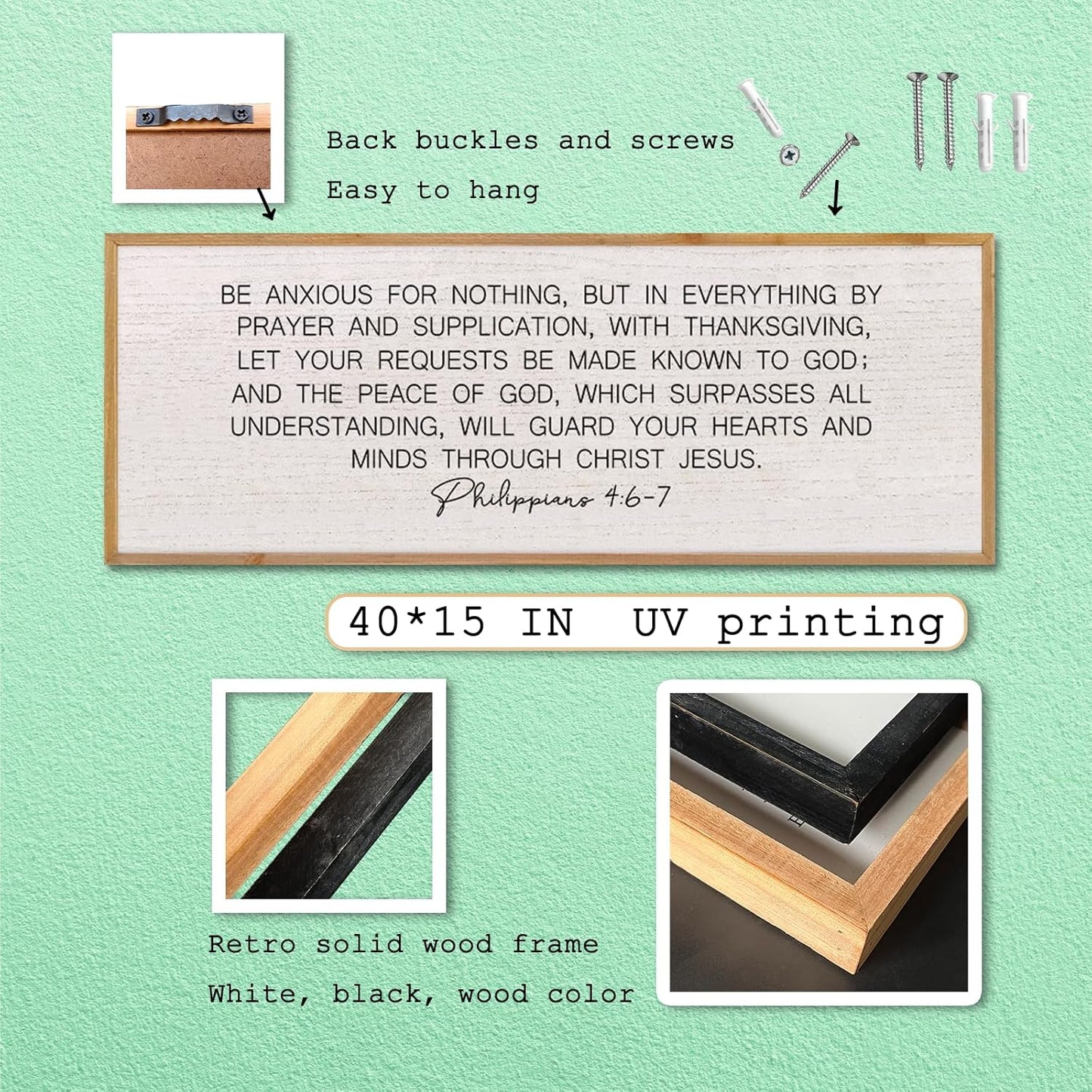 LuZhiQiang Be Anxious for Nothing Wall Decor 40"×15" Philippians 4:6-7 Bible Verse Sign Large Christian Scripture Wood Framed Hanging Decor (Wood)