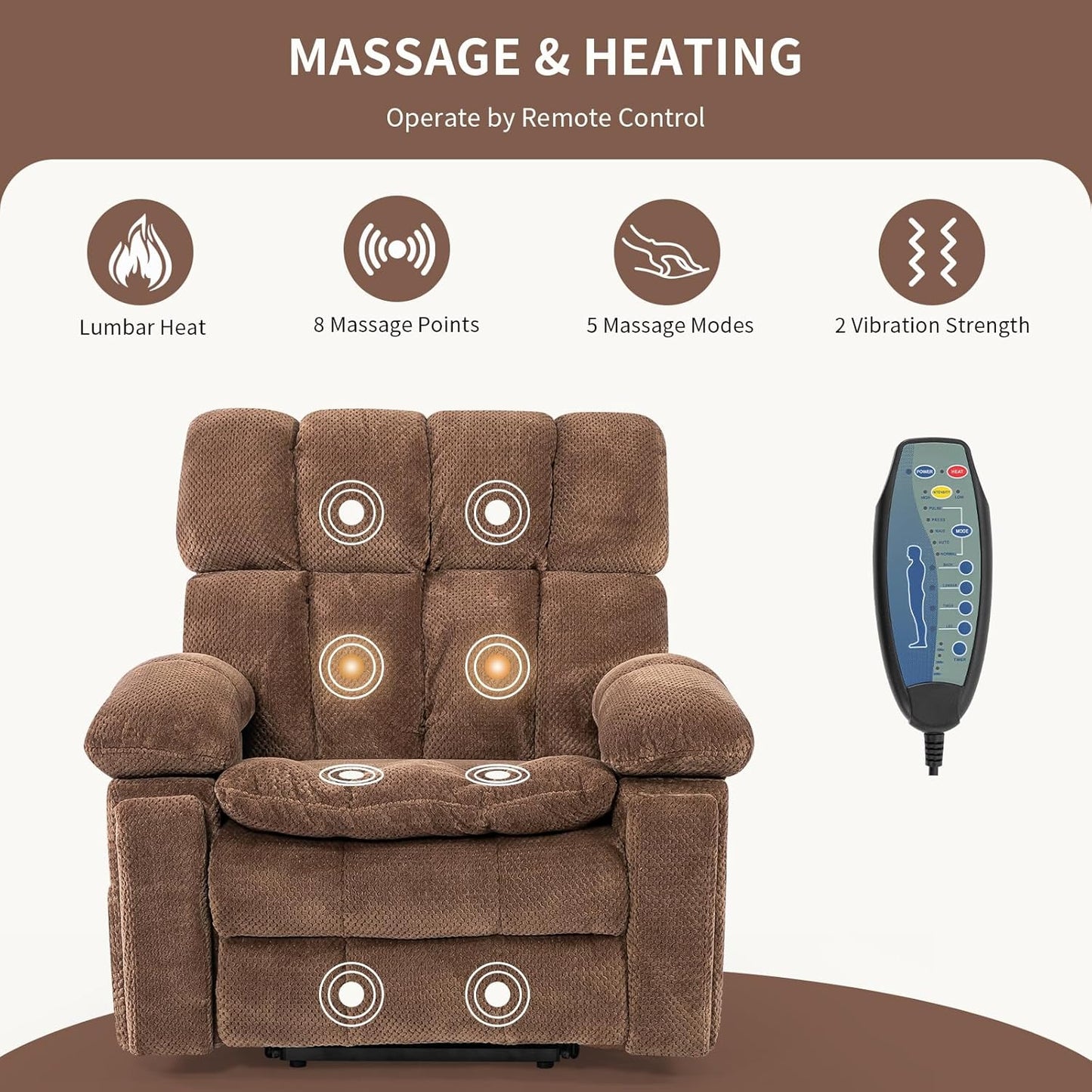Oversized Power Lift Recliner Chair with Adjustable Headrest for Elderly,Dual Motor Lay Flat Recliner Chair with USB Port,Type C,Big and Tall Recliner with Massage and Heat,Cup Holders,Storebox,Brown