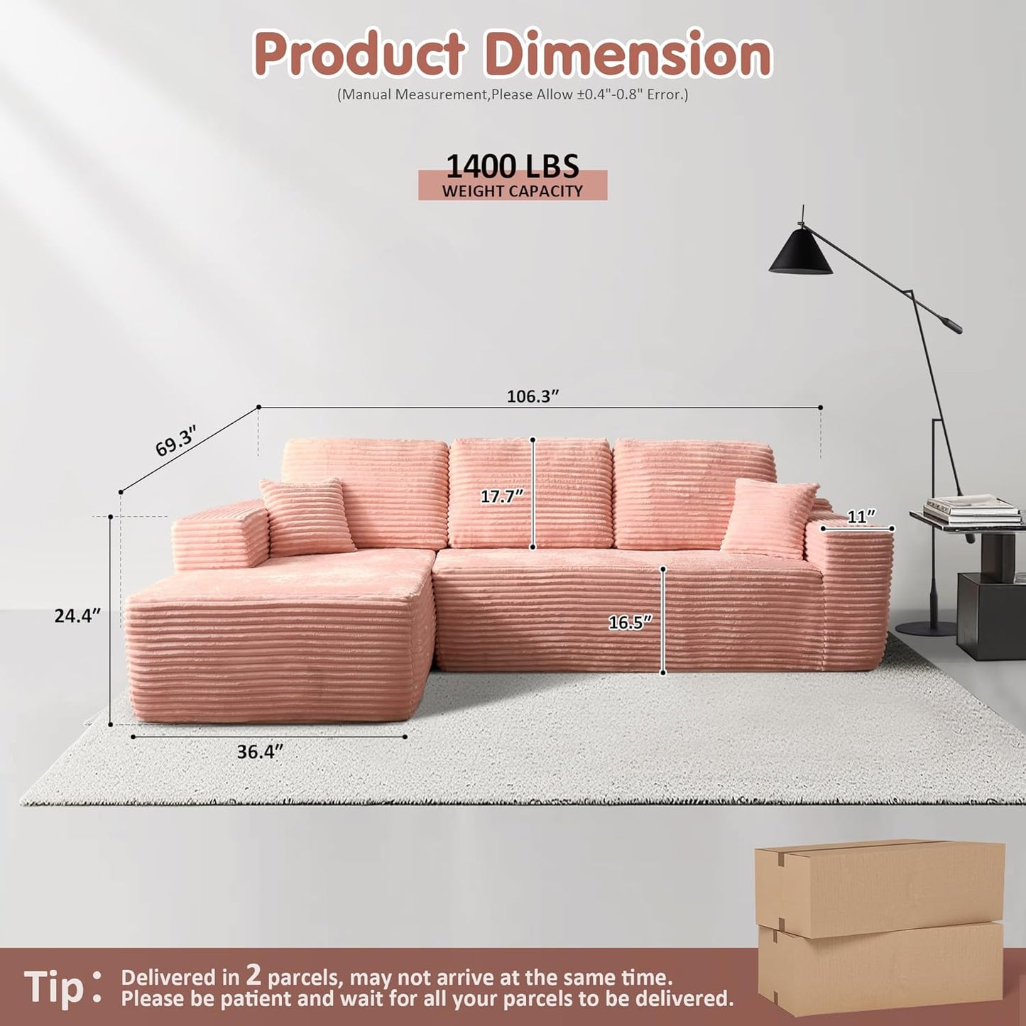 ovios 104" Cloud Sectional Couch with L-Shape Chaise,Modern Modular Sofa with Deep Seat, Upholstered Couches for Living Room Bedroom,No Assembly Required, Pink (Plush Corduroy Fabric)