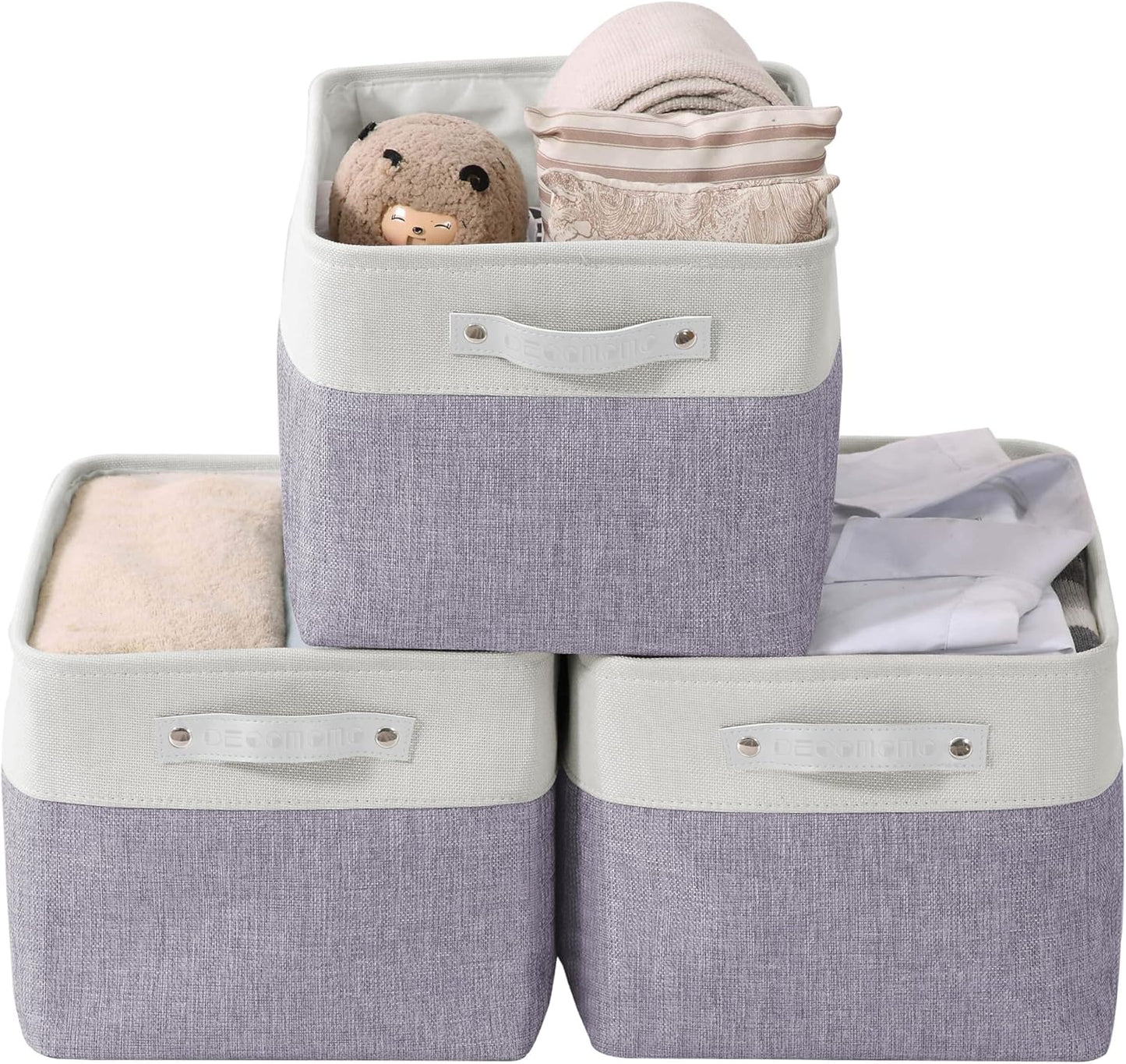 DECOMOMO Storage Bins Fabric Storage Baskets for Shelves, Linen Closet Organization Toys Nursery (Purple and White, Large - 3 Pack)