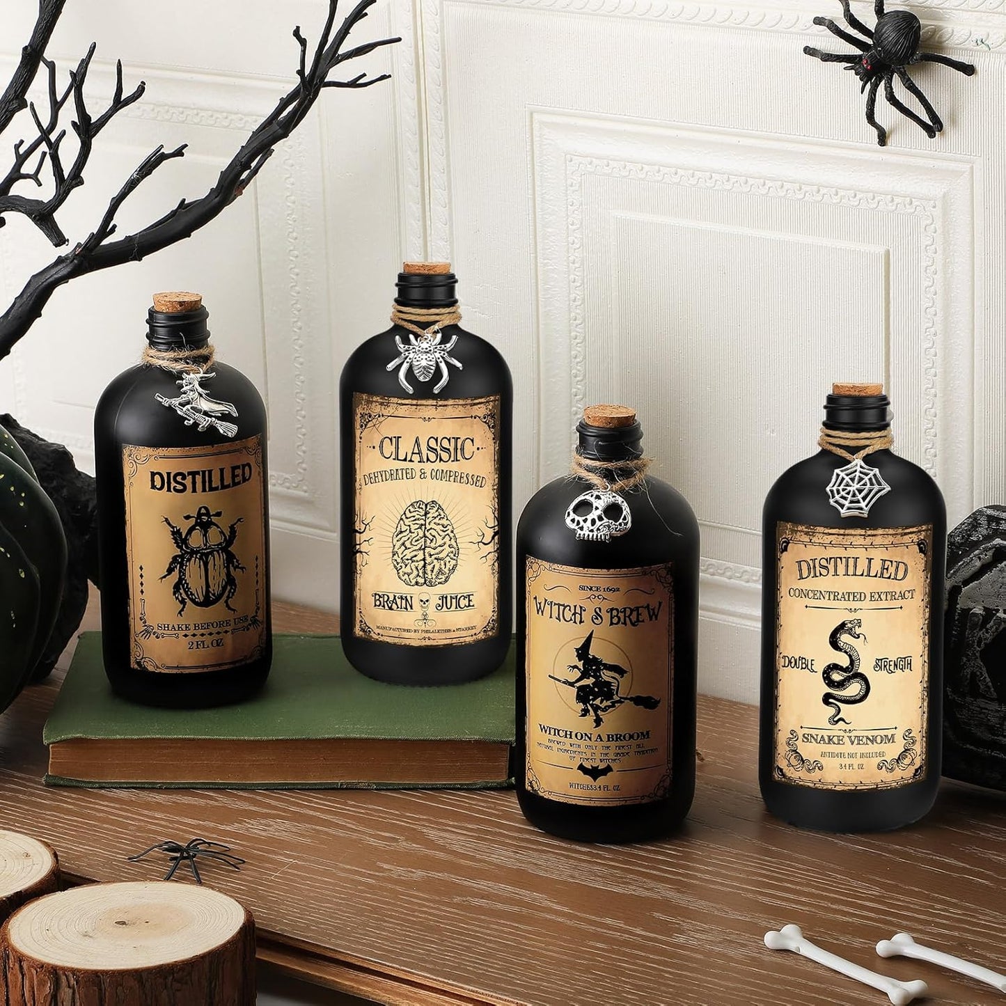 Uiifan 31 Pcs Halloween Potion Bottles Set Including Glass Apothecary Bottles with Cork Stickers and Pendants Halloween Decorations Indoor Party Supplies(Black,16 oz)