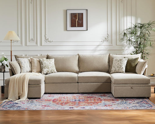 134.6" Oversized Modular Sectional Sofa, 6 Seater U Shaped Couch with Storage Ottoman with Reversible Chaise Deep Seat for Living Room, Apartment - Chenille Beige